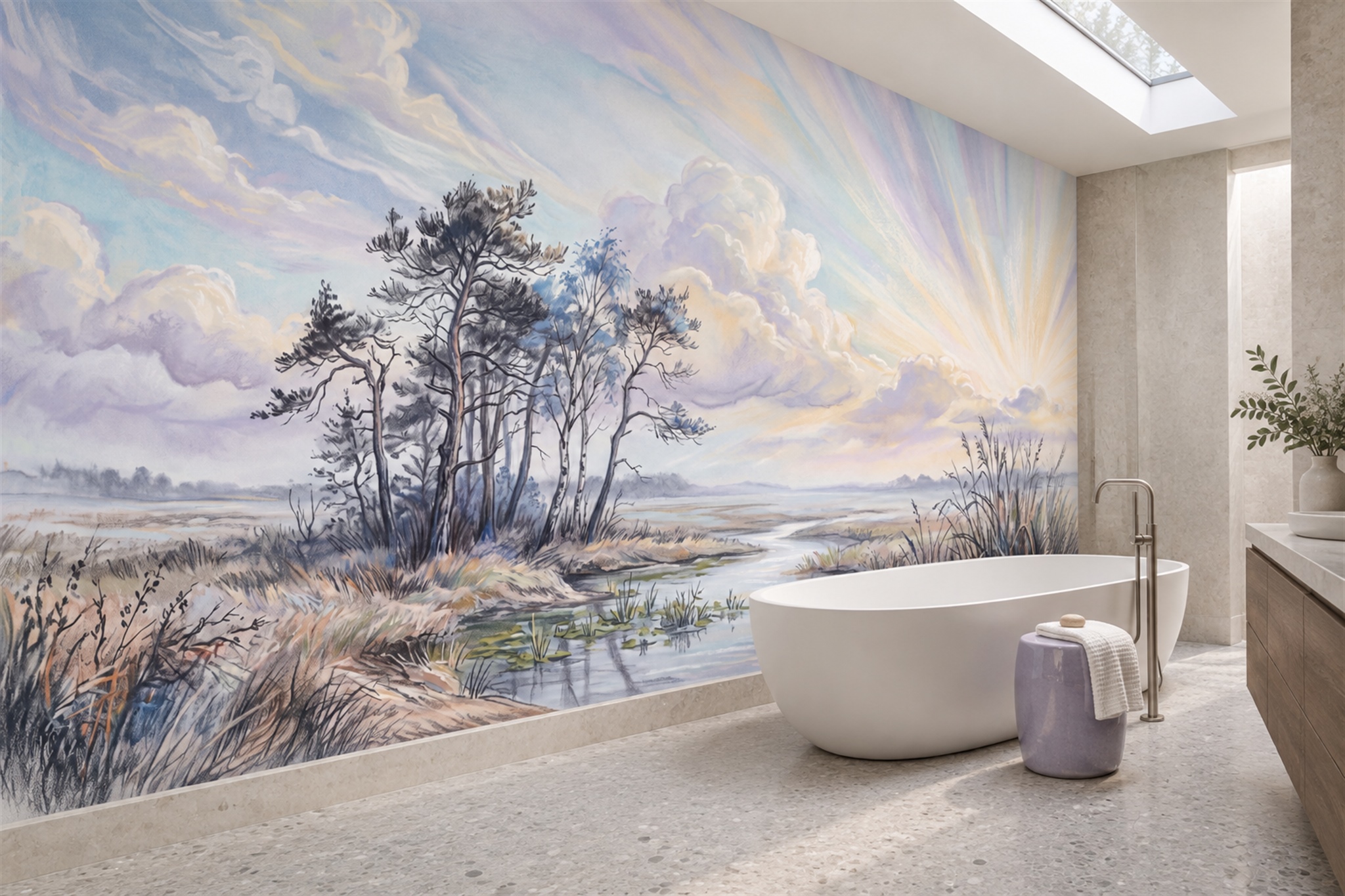 Blue Pattern Decorative Wallpaper Mural Layered Painterly Wallpaper Bathroom-wallpaper-murals, Peel-and-stick Finish