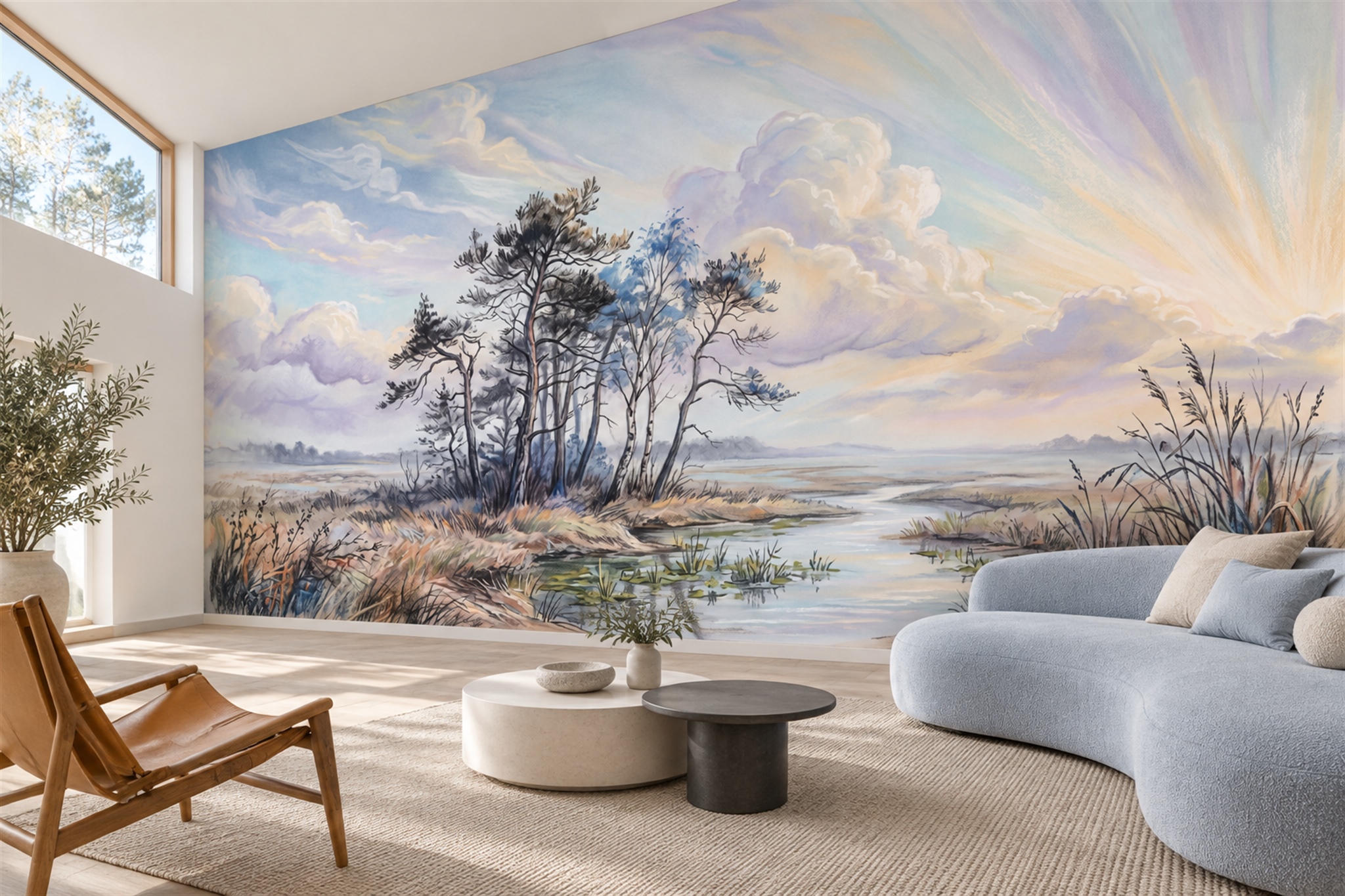 Blue Watercolour Marsh With Bare Trees And Reeds Wallpaper Mural — Wallpaper Mural Design, Peel-and-stick Finish