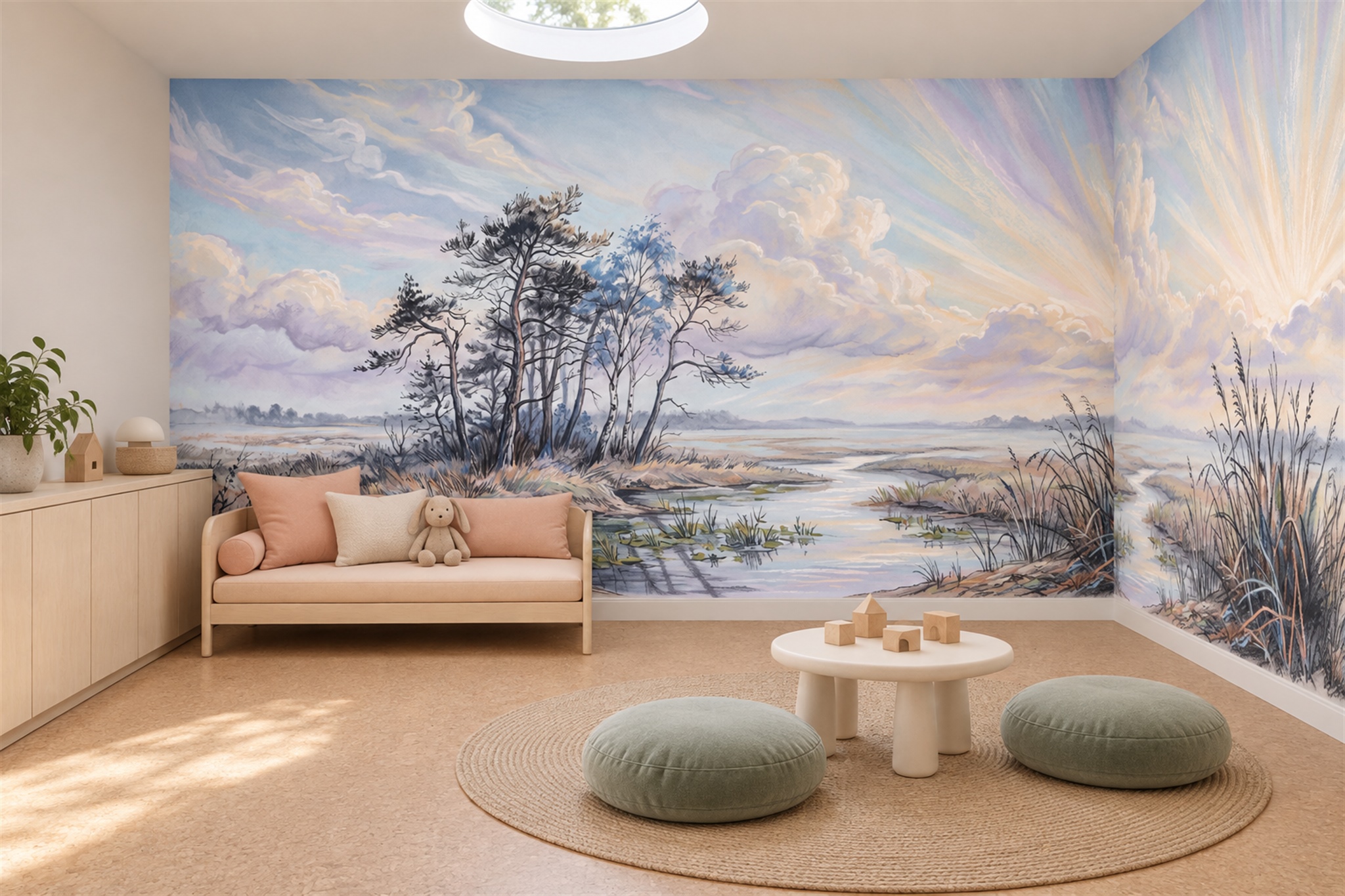 Blue Pattern Decorative Wallpaper Mural Layered Painterly Wallpaper Living-room-wallpaper-murals, Shown In A Living Room, Peel-and-stick Finish