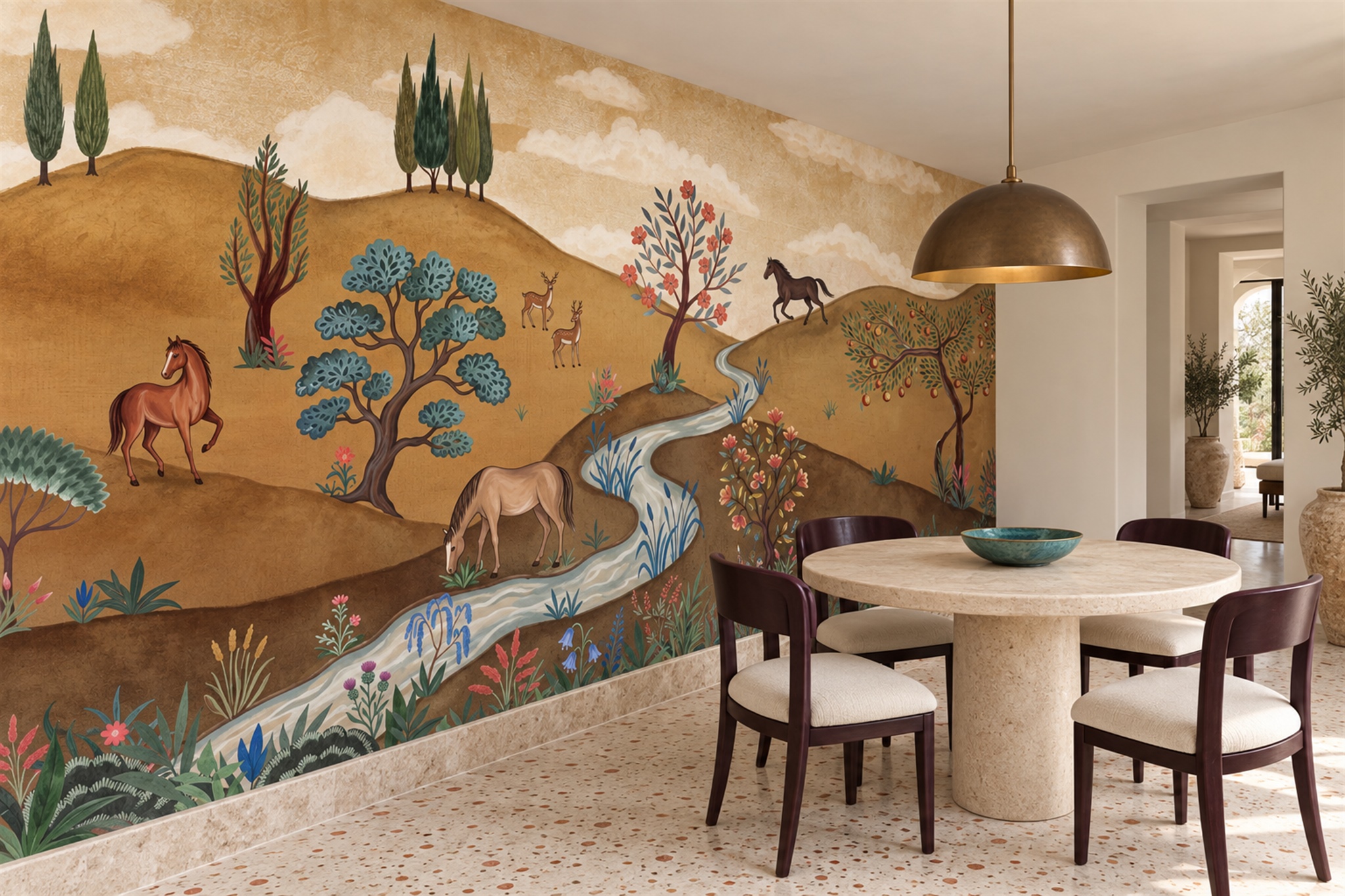 Ochre Pattern Decorative Abstract Wallpaper Mural Dining-room-wallpaper-murals, Shown In A Dining Room, Peel-and-stick Finish