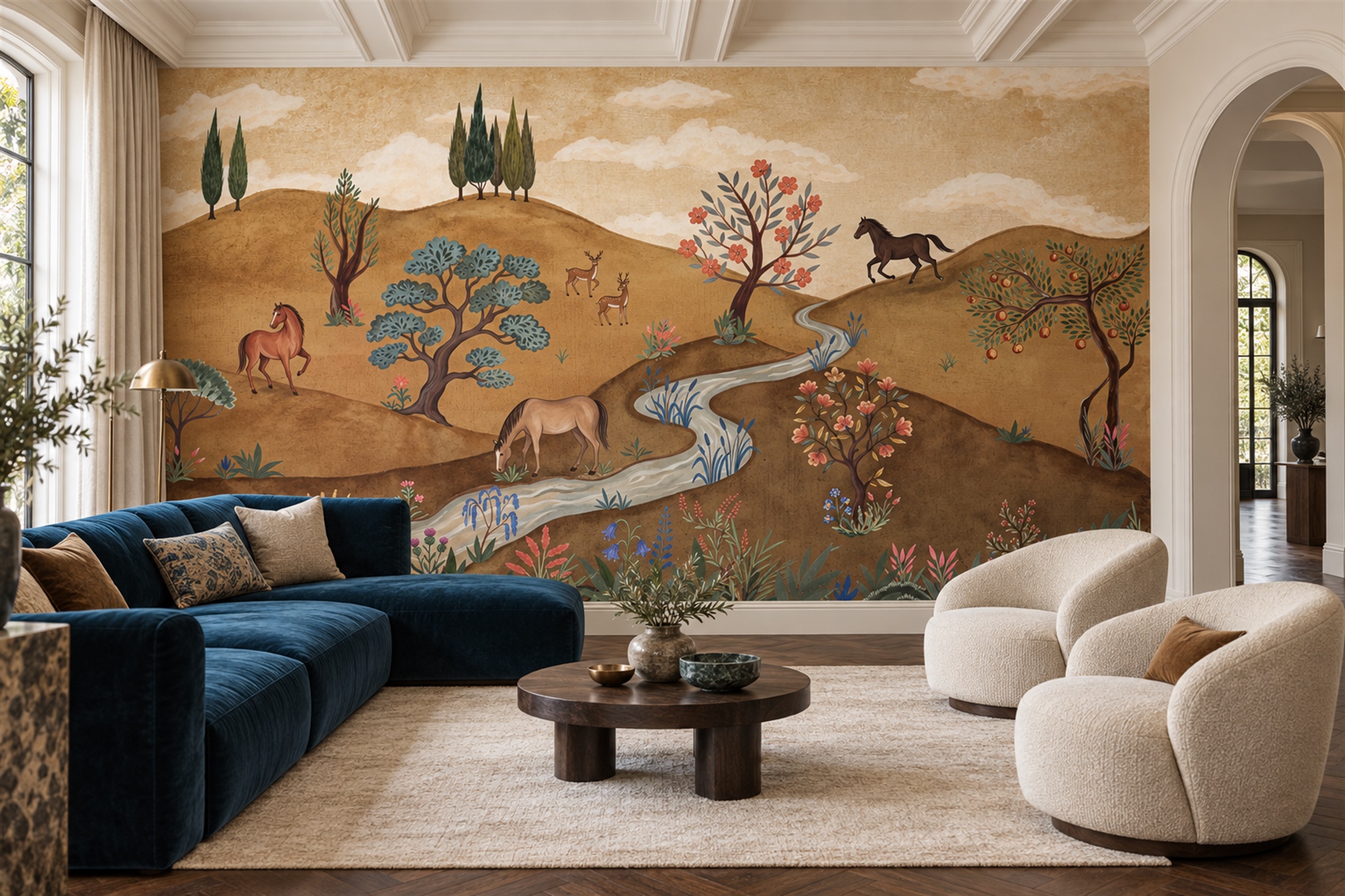 Ochre Pattern Decorative Abstract Wallpaper Mural Living-room-wallpaper-murals, Shown In A Living Room, Peel-and-stick Finish