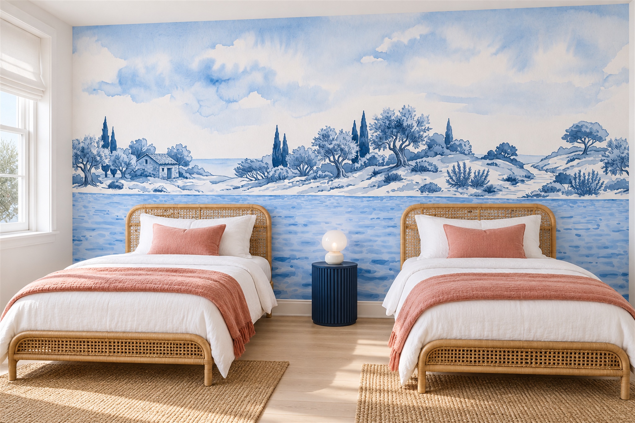 Blue Coastal Scenic Decorative Wallpaper Mural Bedroom-wallpaper-murals, Peel-and-stick Finish