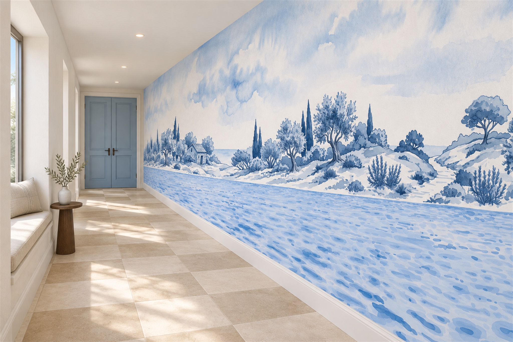 Blue Coastal Scenic Decorative Wallpaper Mural Living-room-wallpaper-murals, Shown In A Living Room, Peel-and-stick Finish