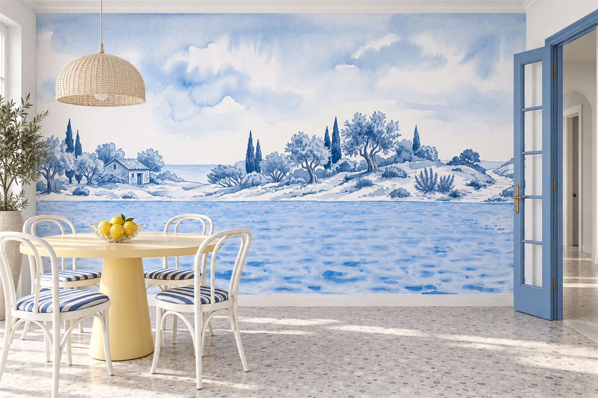 Blue Coastal Scenic Decorative Wallpaper Mural Dining-room-wallpaper-murals, Shown In A Dining Room, Peel-and-stick Finish