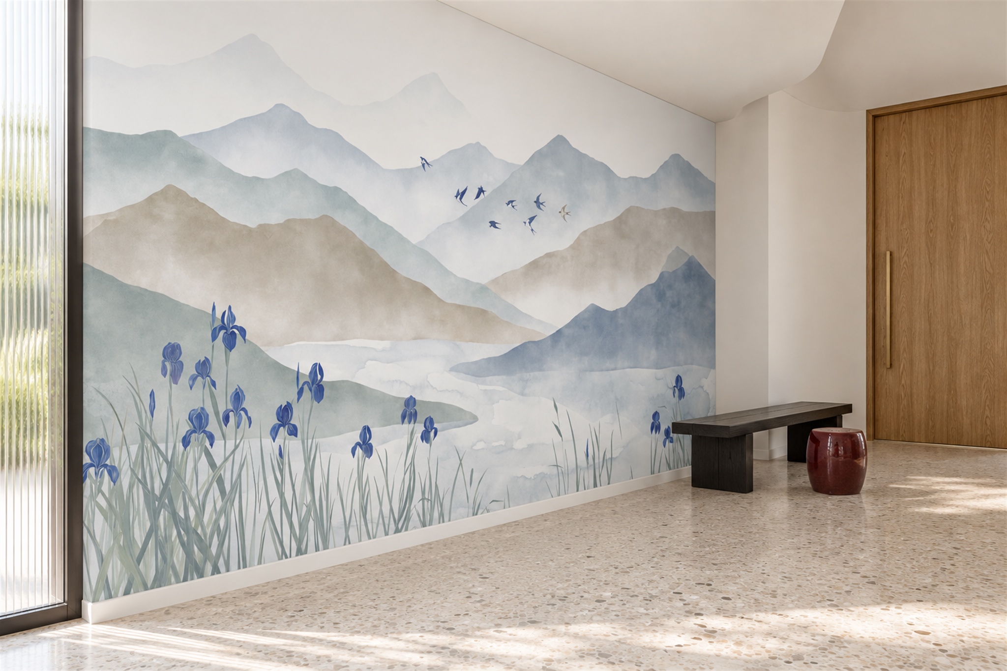 Blue Pattern Decorative Wallpaper Mural Layered Layered Wallpaper Mural Entryway-wallpaper-murals, Peel-and-stick Finish