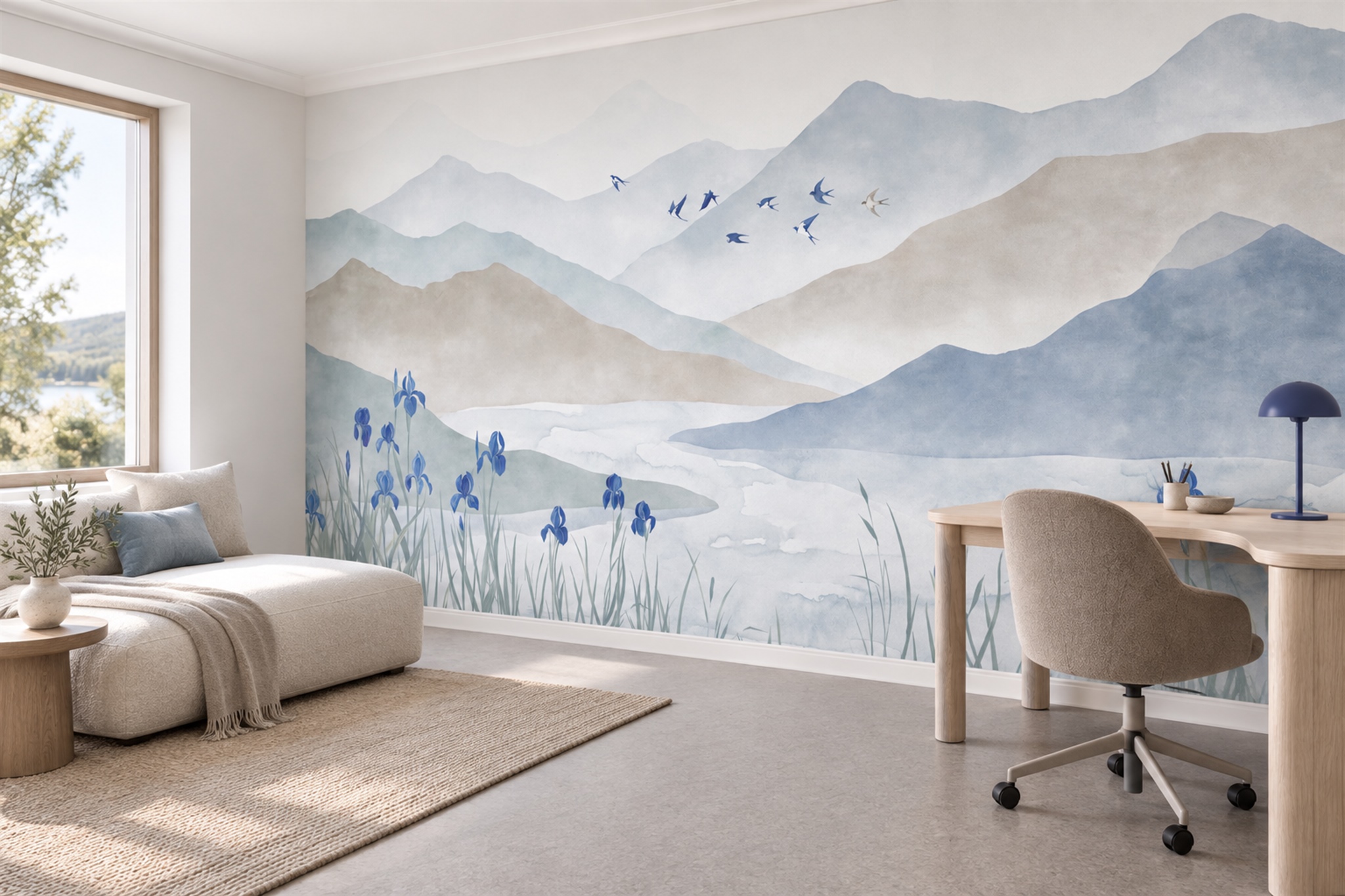 Misty Blue Mountains, Flying Birds And Iris Wallpaper Mural — Wallpaper Mural Design, Peel-and-stick Finish