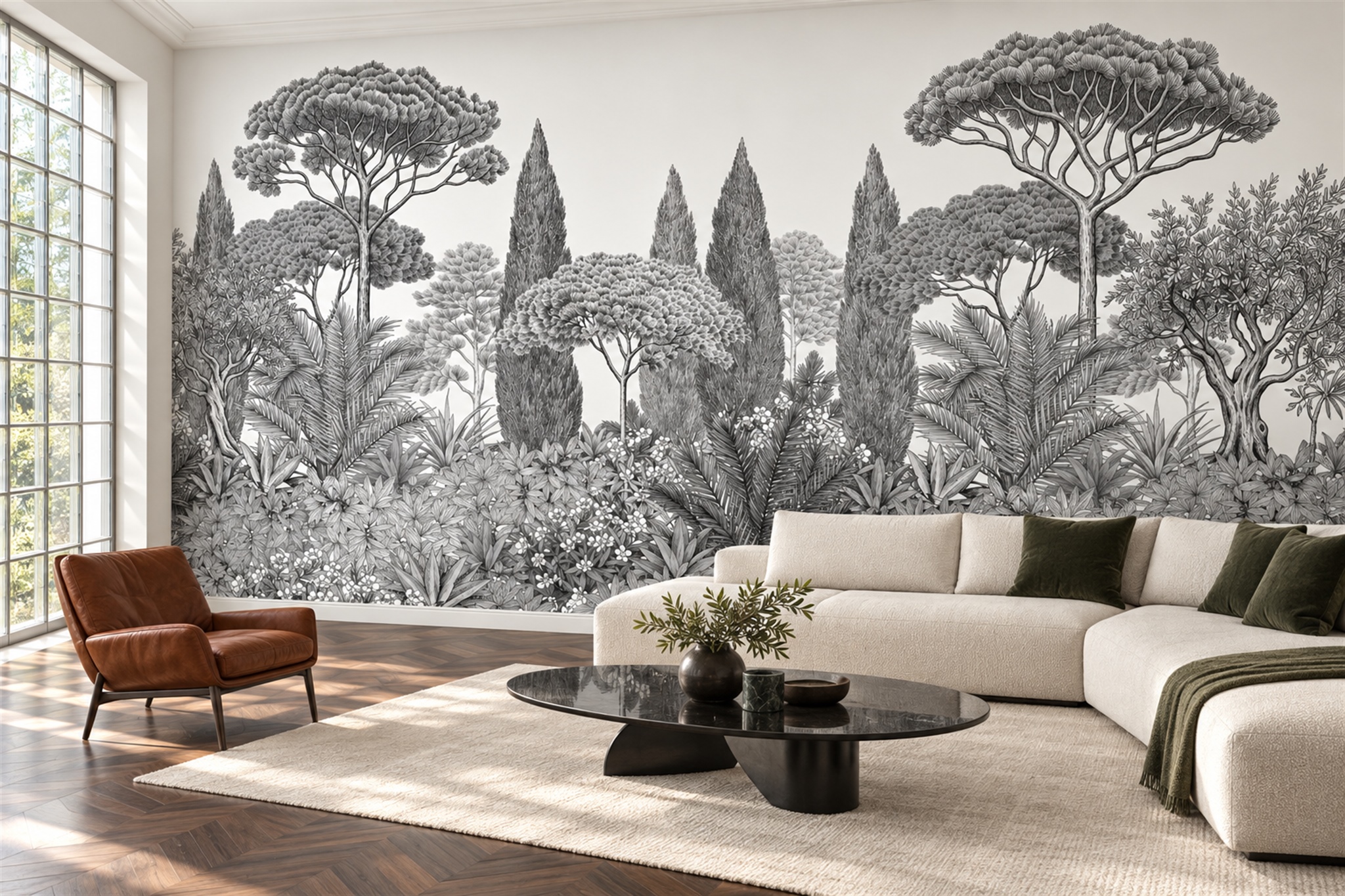 Monochrome Mediterranean Garden Of Pines And Cypress Wallpaper Mural — Wallpaper Mural Design, Peel-and-stick Finish