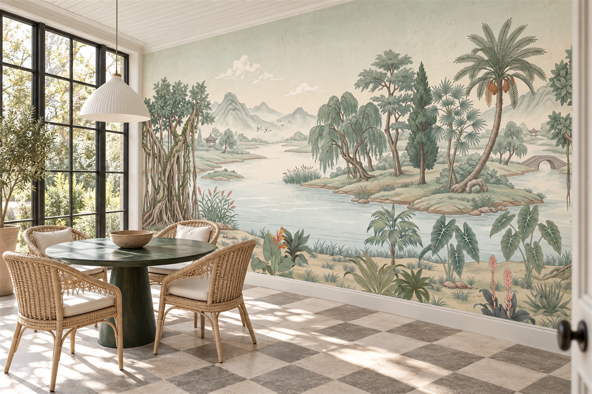 Sage Green River Landscape With Palms And Stone Bridge Wallpaper Mural — Wallpaper Mural Design, Peel-and-stick Finish