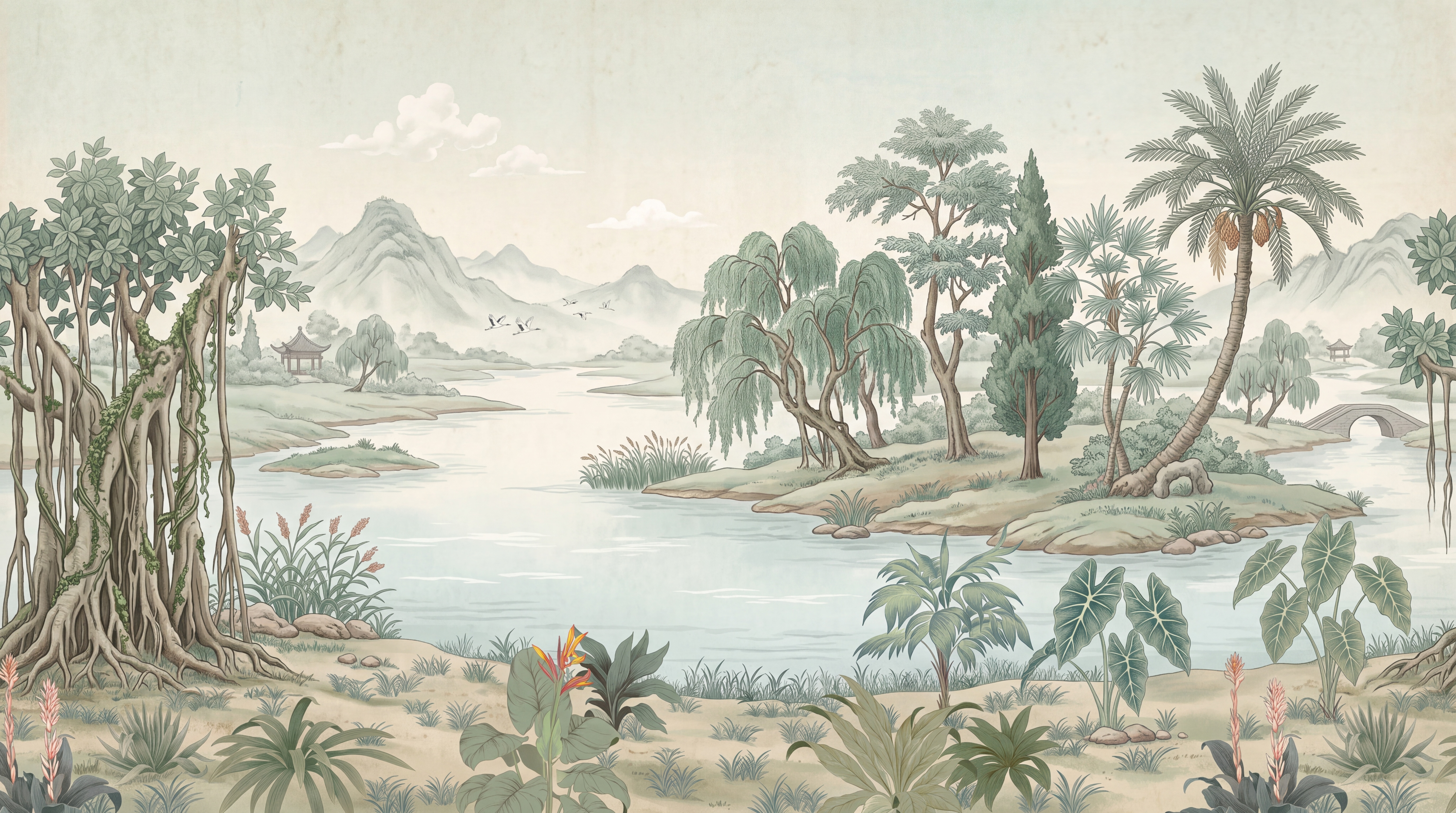 Sage Tropical Artful Decorative Wallpaper Mural, Peel-and-stick Finish