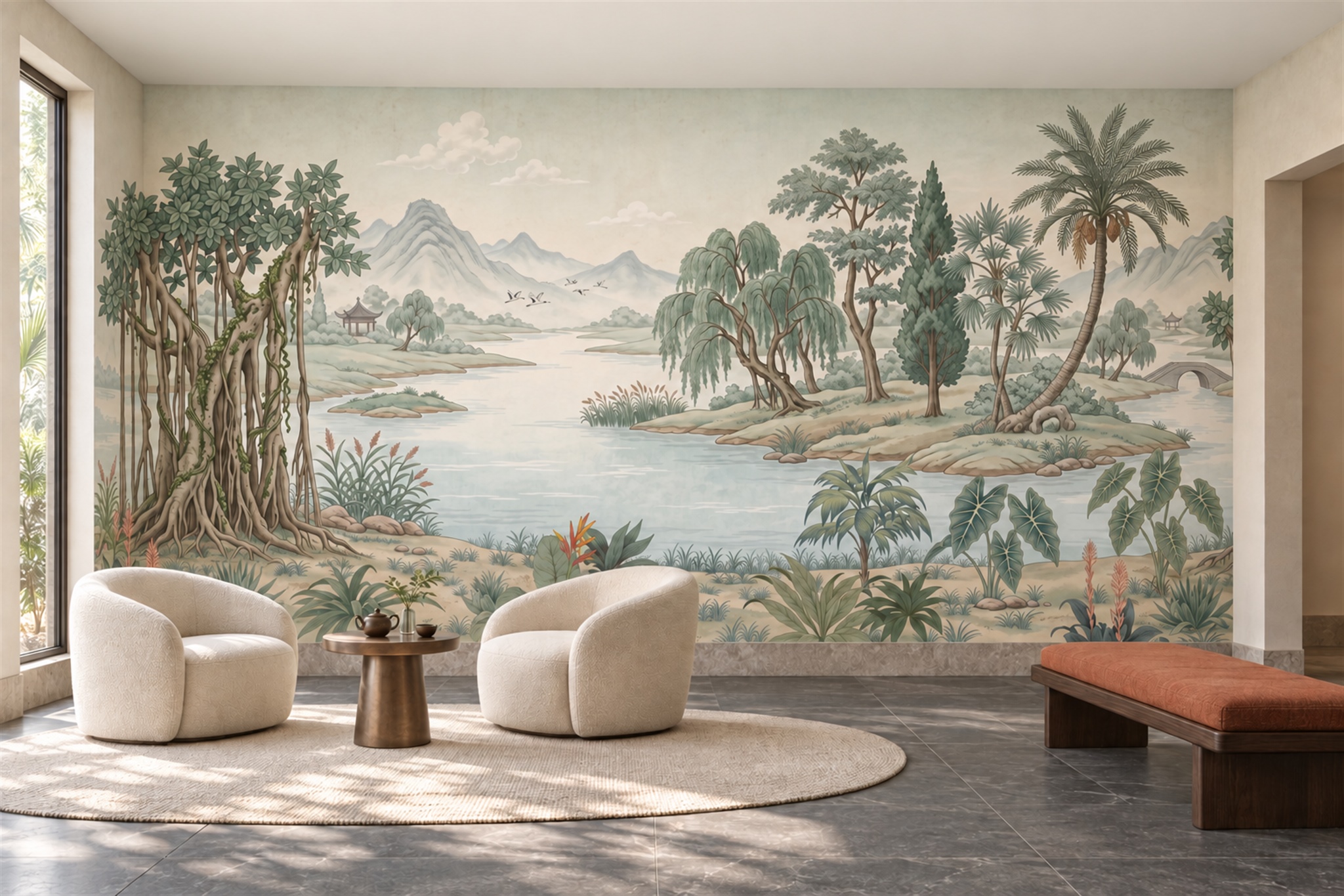 Sage Tropical Artful Decorative Wallpaper Mural Accent-wall-wallpaper-murals, Peel-and-stick Finish