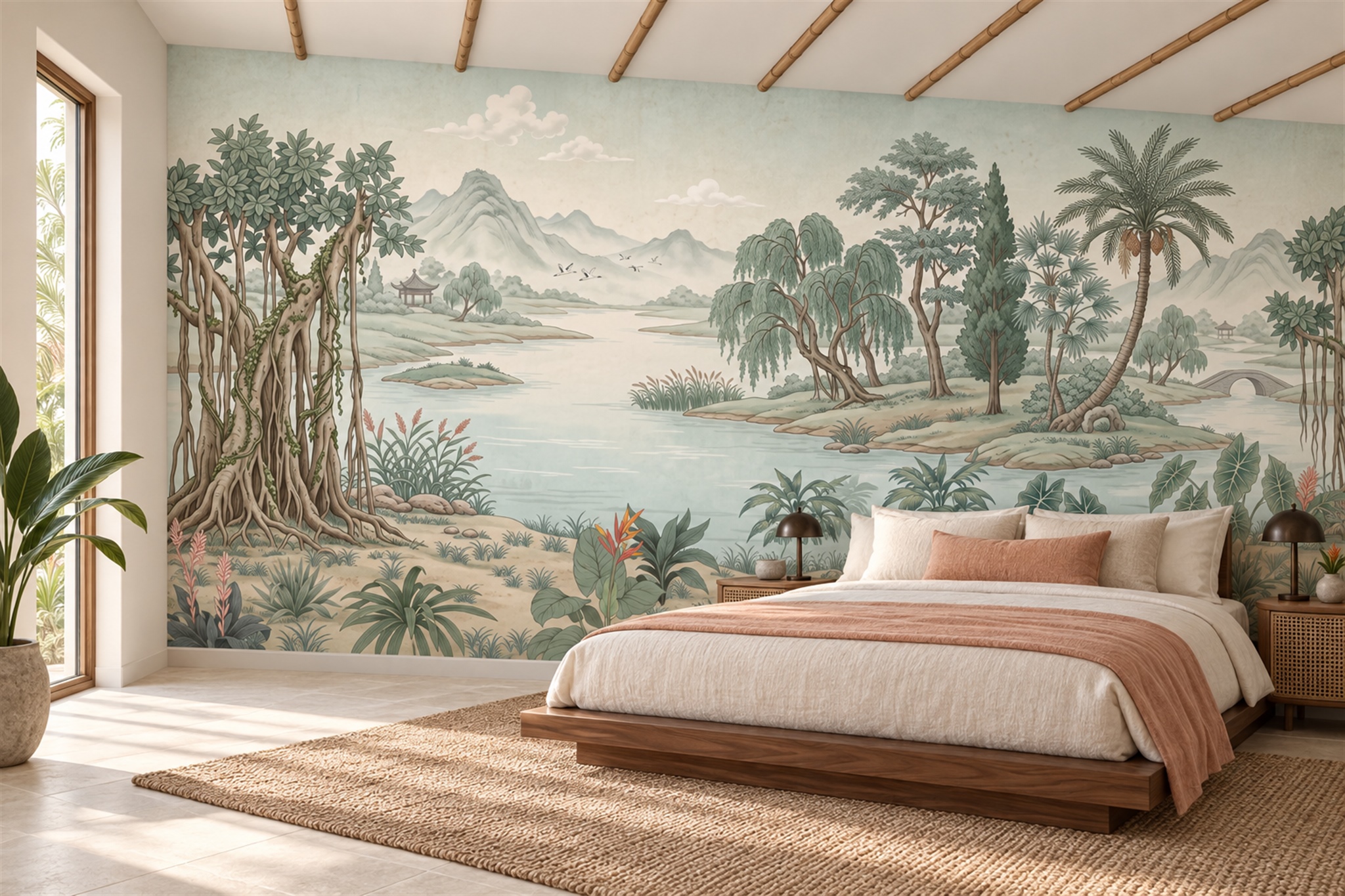 Sage Tropical Artful Decorative Wallpaper Mural Dining-room-wallpaper-murals, Peel-and-stick Finish