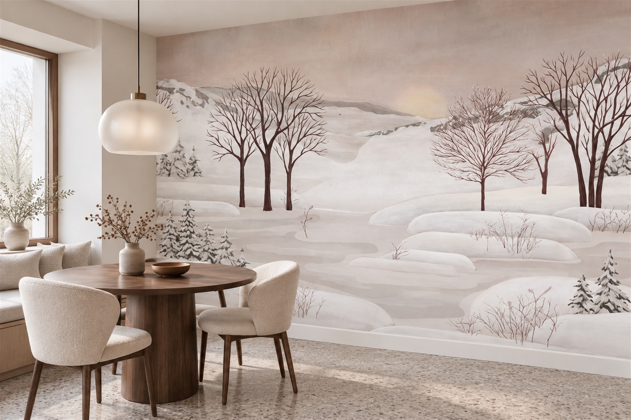 White Pattern Decorative Wallpaper Mural Dining-room-wallpaper-murals, Shown In A Dining Room, Peel-and-stick Finish