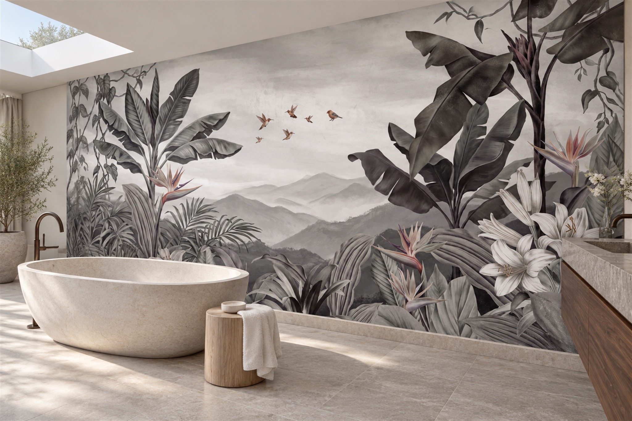Grey Leaf Botanical Wallpaper Mural Bathroom-wallpaper-murals, Peel-and-stick Finish