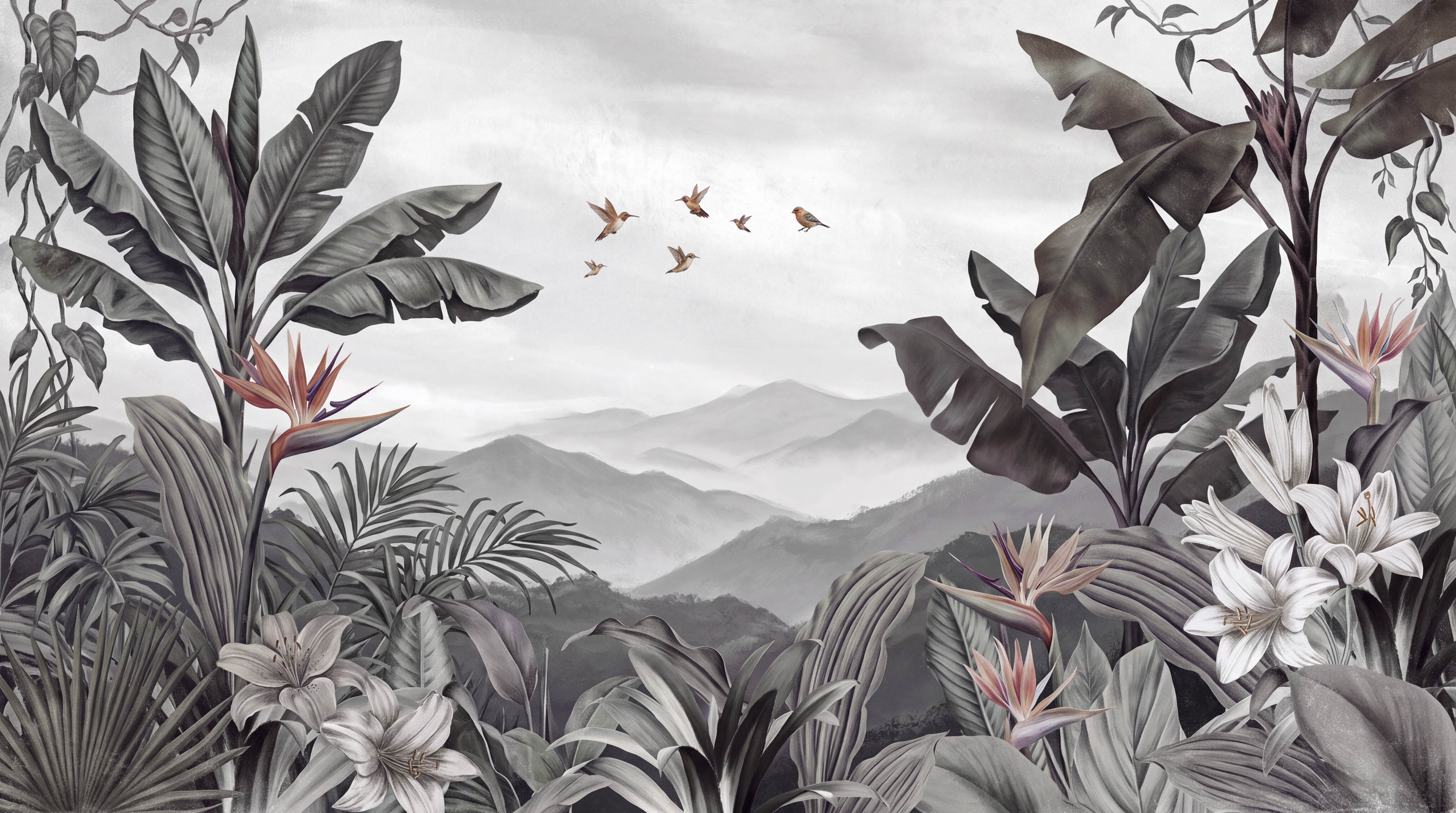 Grey Leaf Botanical Wallpaper Mural, Peel-and-stick Finish