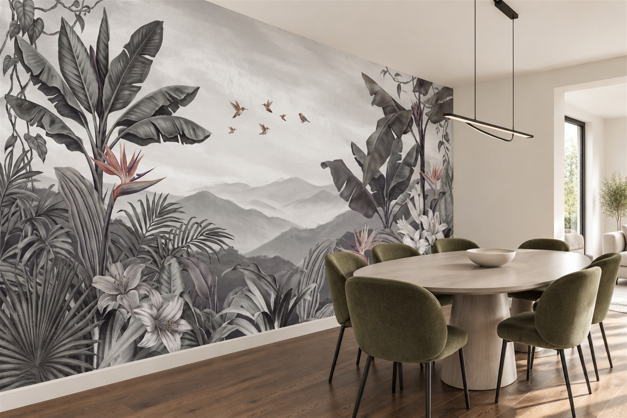 Grey Leaf Botanical Wallpaper Mural Dining-room-wallpaper-murals, Shown In A Dining Room, Peel-and-stick Finish