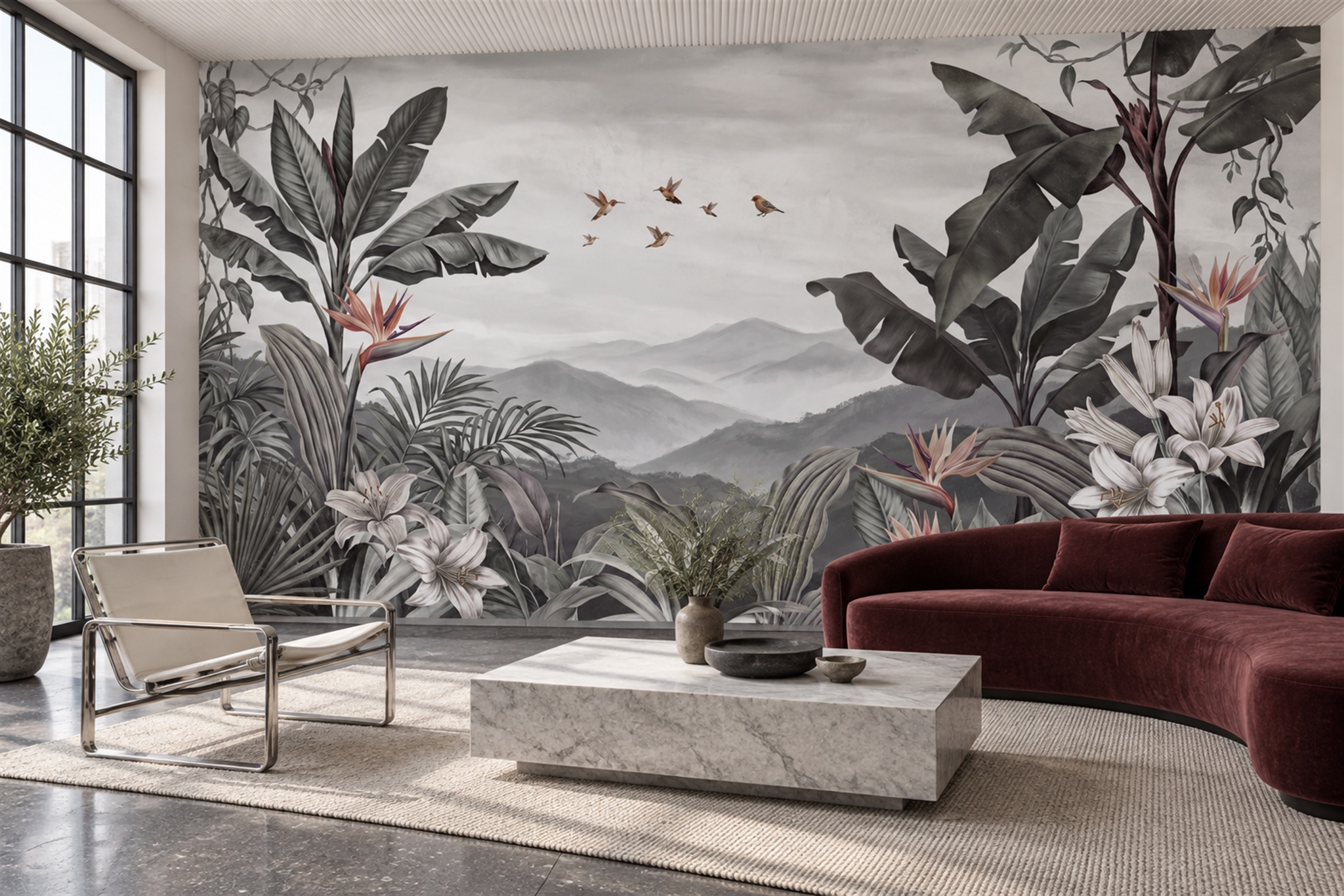 Grey Tropical Foliage, Birds And Lilies Wallpaper Mural — Wallpaper Mural Design, Peel-and-stick Finish