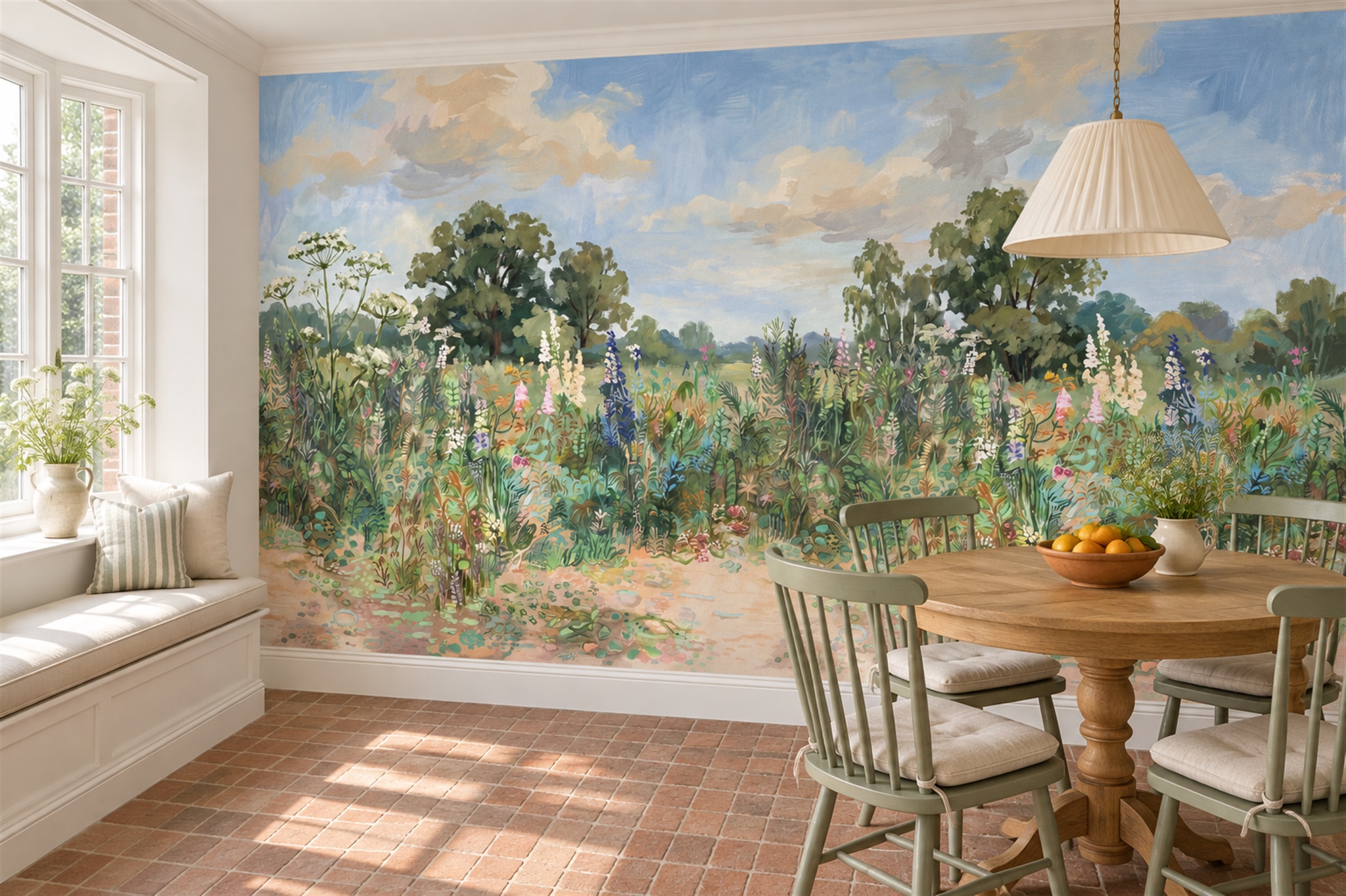 Painterly Wildflower Meadow Beneath A Blue Clouded Sky Wallpaper Mural — Wallpaper Mural Design, Peel-and-stick Finish