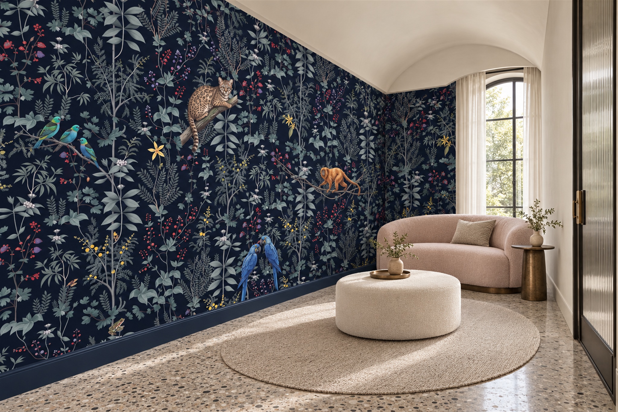 Navy Tropical Birds And Botanical Foliage Wallpaper Mural — Wallpaper Mural Design, Peel-and-stick Finish