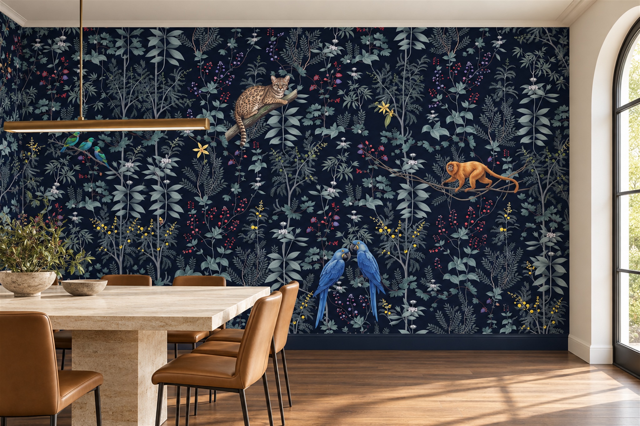 Navy Jungle Scenic Wallpaper Mural Dining-room-wallpaper-murals, Shown In A Dining Room, Peel-and-stick Finish