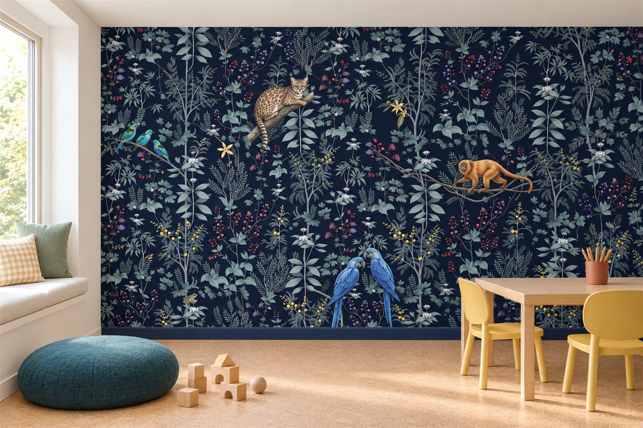 Navy Jungle Scenic Wallpaper Mural, Peel-and-stick Finish