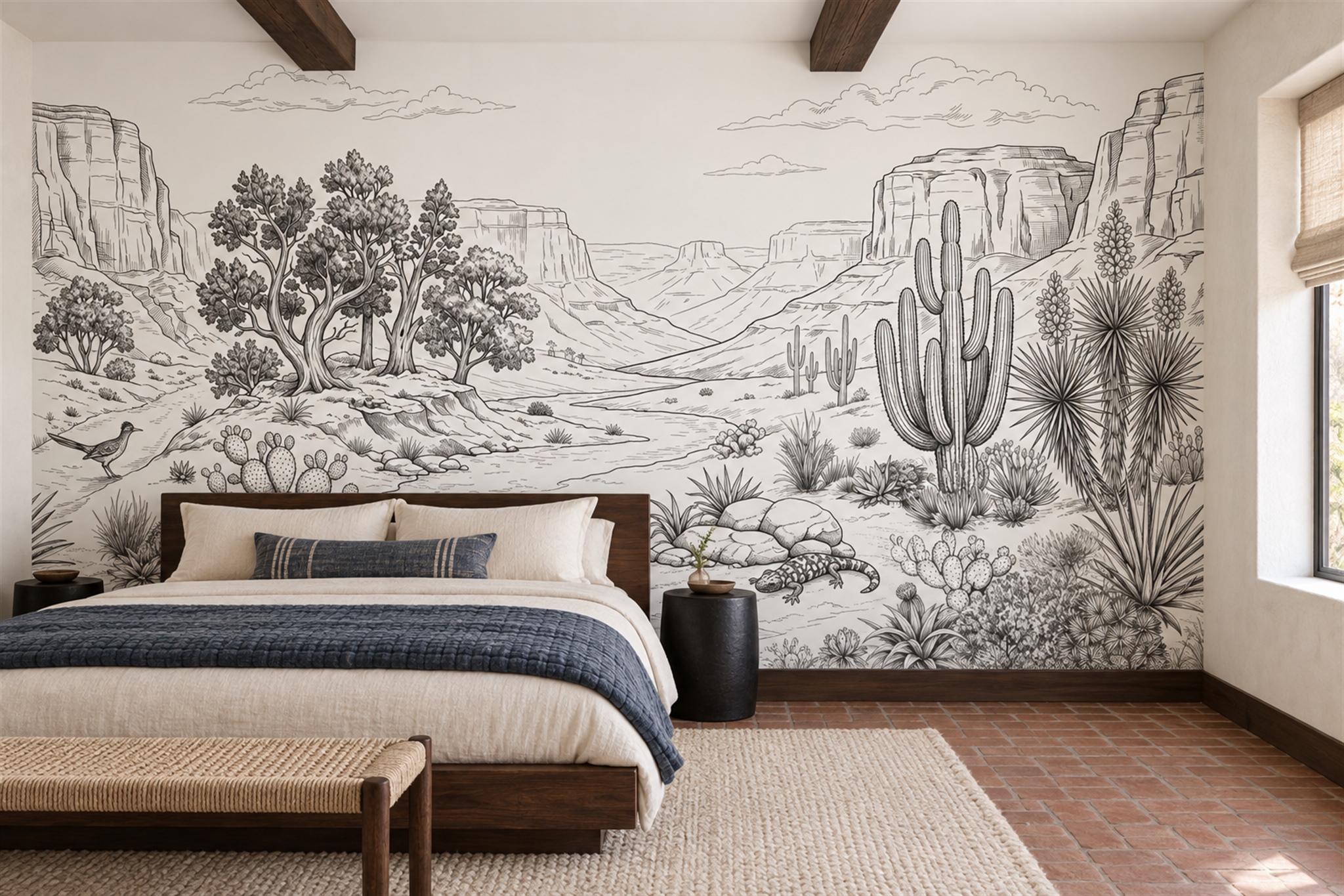 Grey Desert Landscape Wallpaper Mural, Shown In A Bedroom, Peel-and-stick Finish