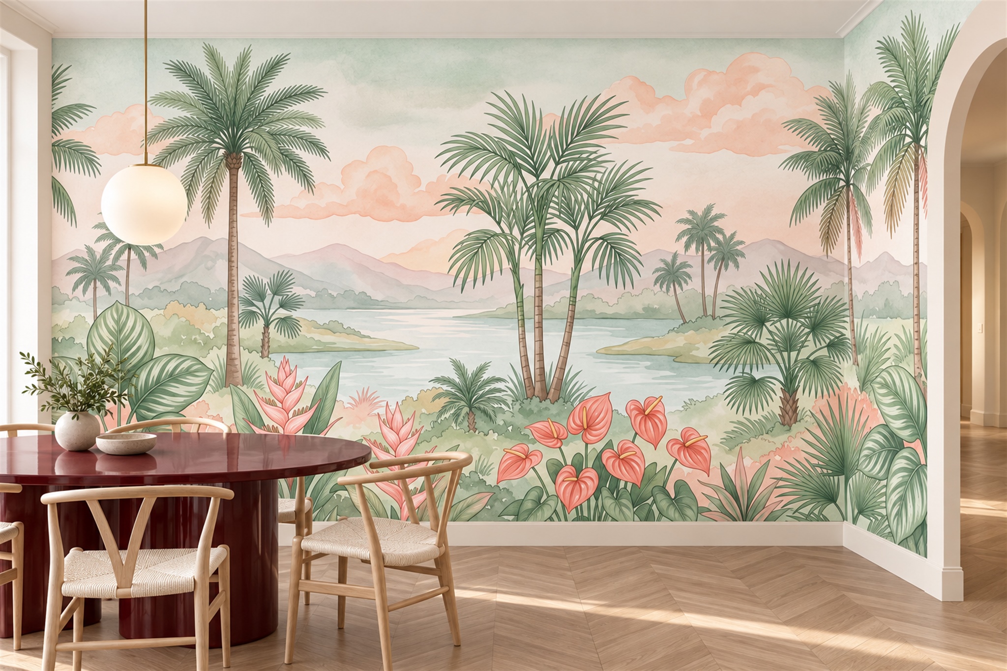 Mint Palm Artful Wallpaper Mural Dining-room-wallpaper-murals, Shown In A Dining Room, Peel-and-stick Finish