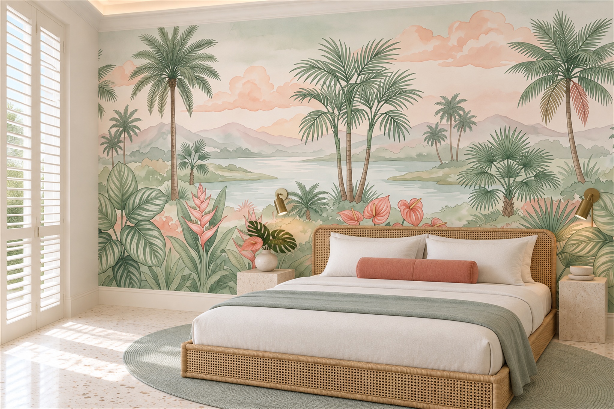 Mint Palm Landscape With Coral Flowers Wallpaper Mural — Installed Wallpaper Mural In A Bedroom, Peel-and-stick Finish
