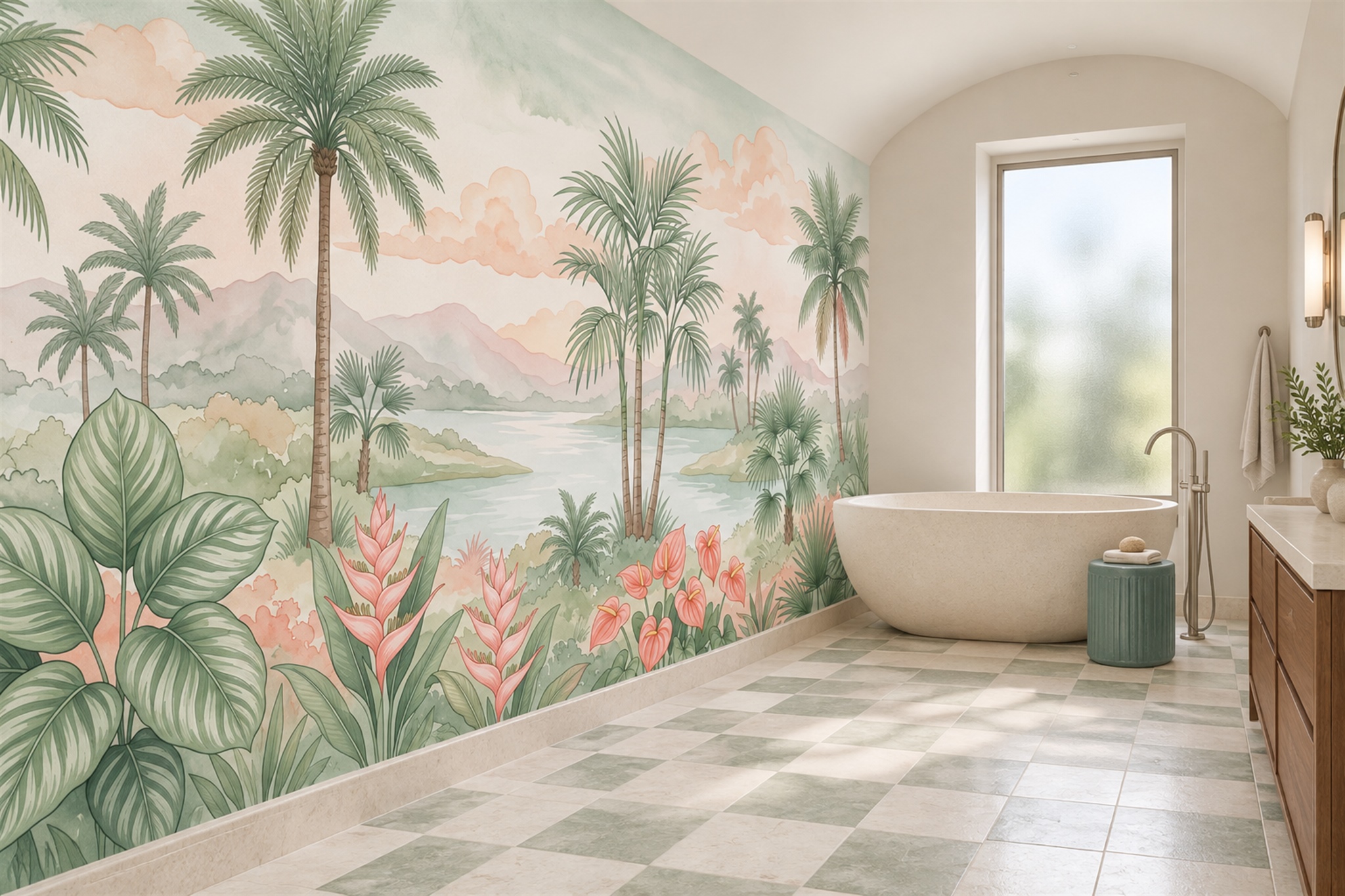 Mint Palm Artful Wallpaper Mural Bathroom-wallpaper-murals, Peel-and-stick Finish