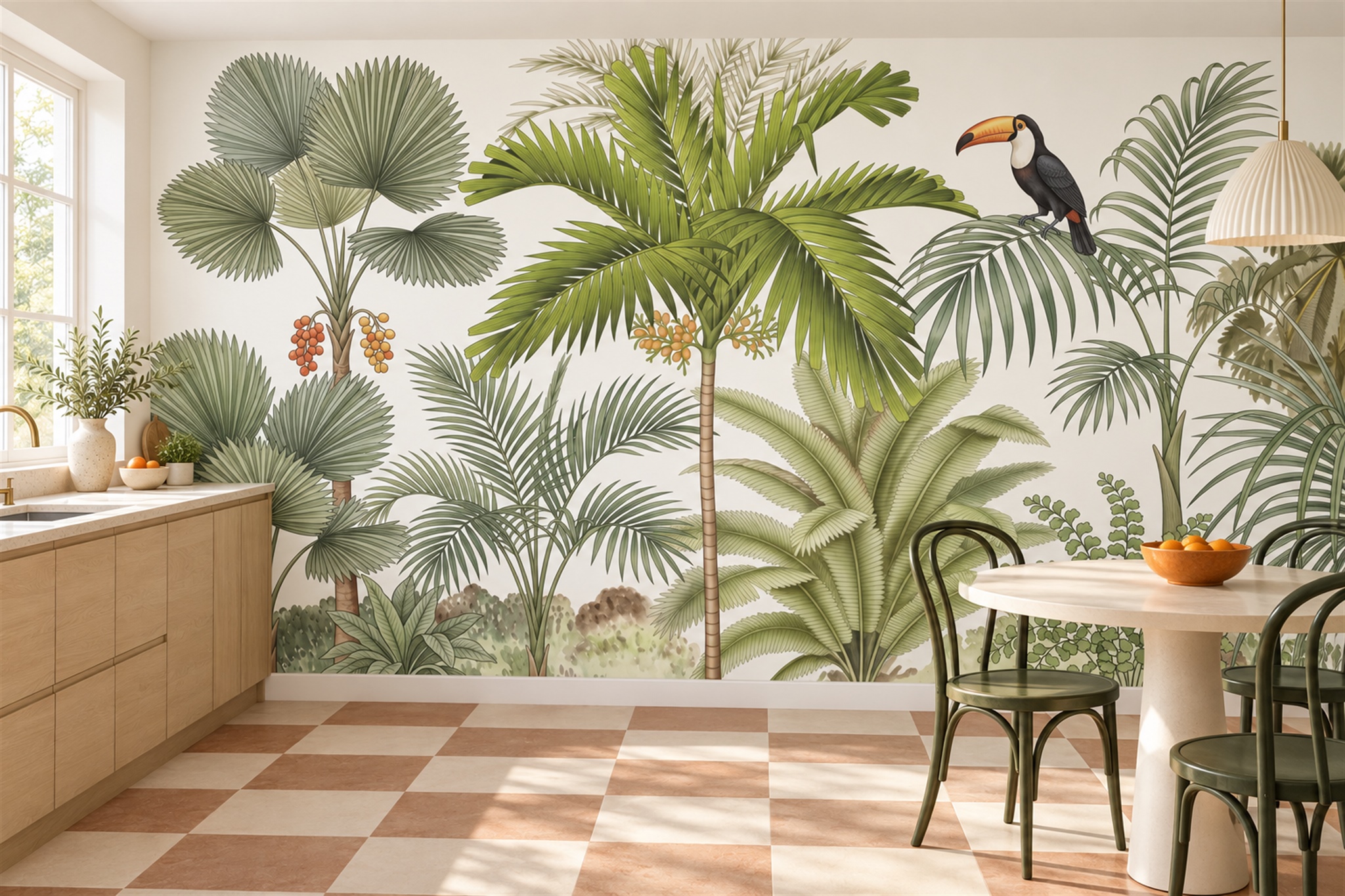 Toucan Among Palm Leaves And Tropical Fruit Wallpaper Mural — Wallpaper Mural Design, Peel-and-stick Finish