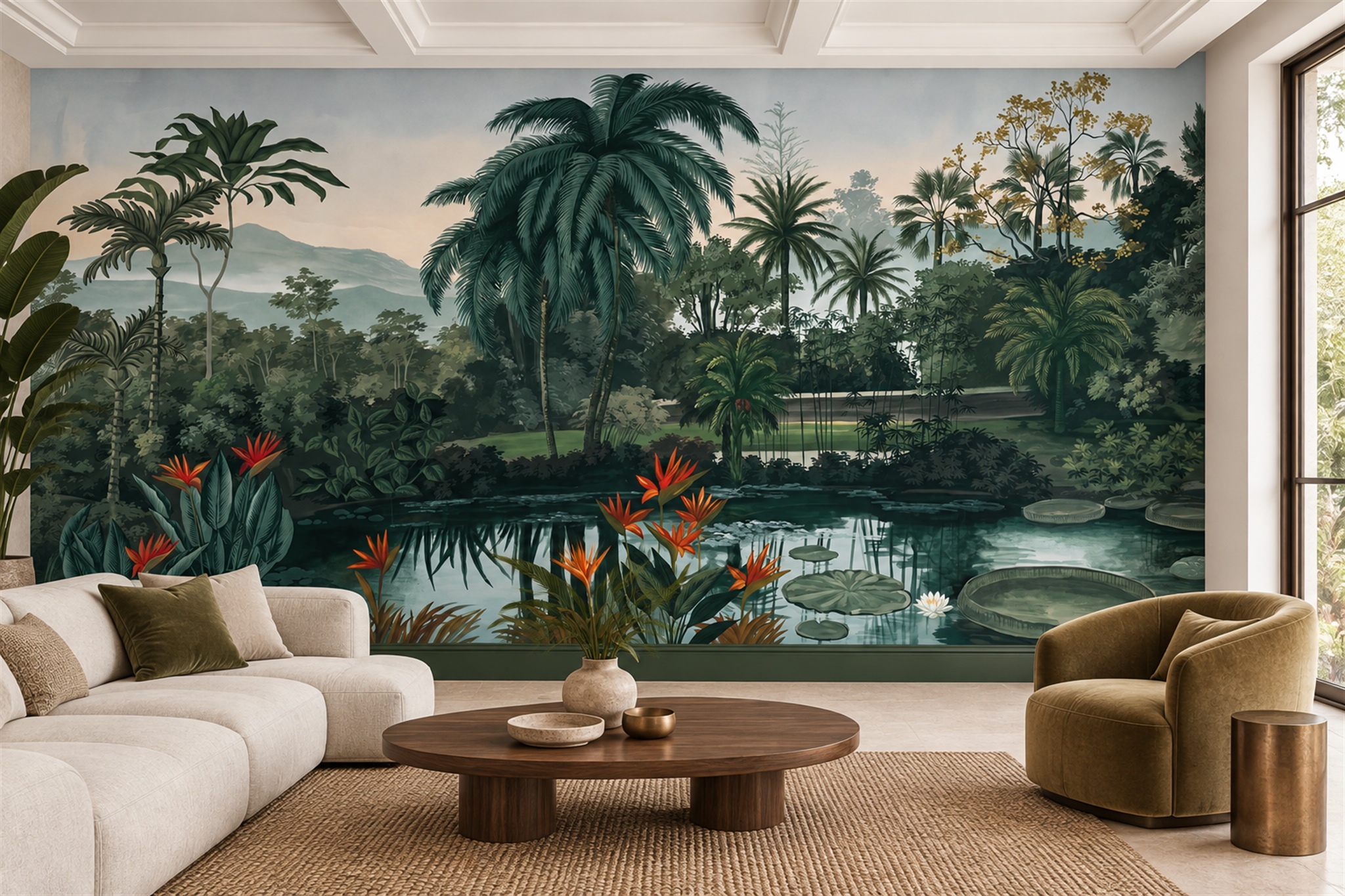 Teal Tropical Pond With Palms And Bird Of Paradise Wallpaper Mural — Wallpaper Mural Design, Peel-and-stick Finish