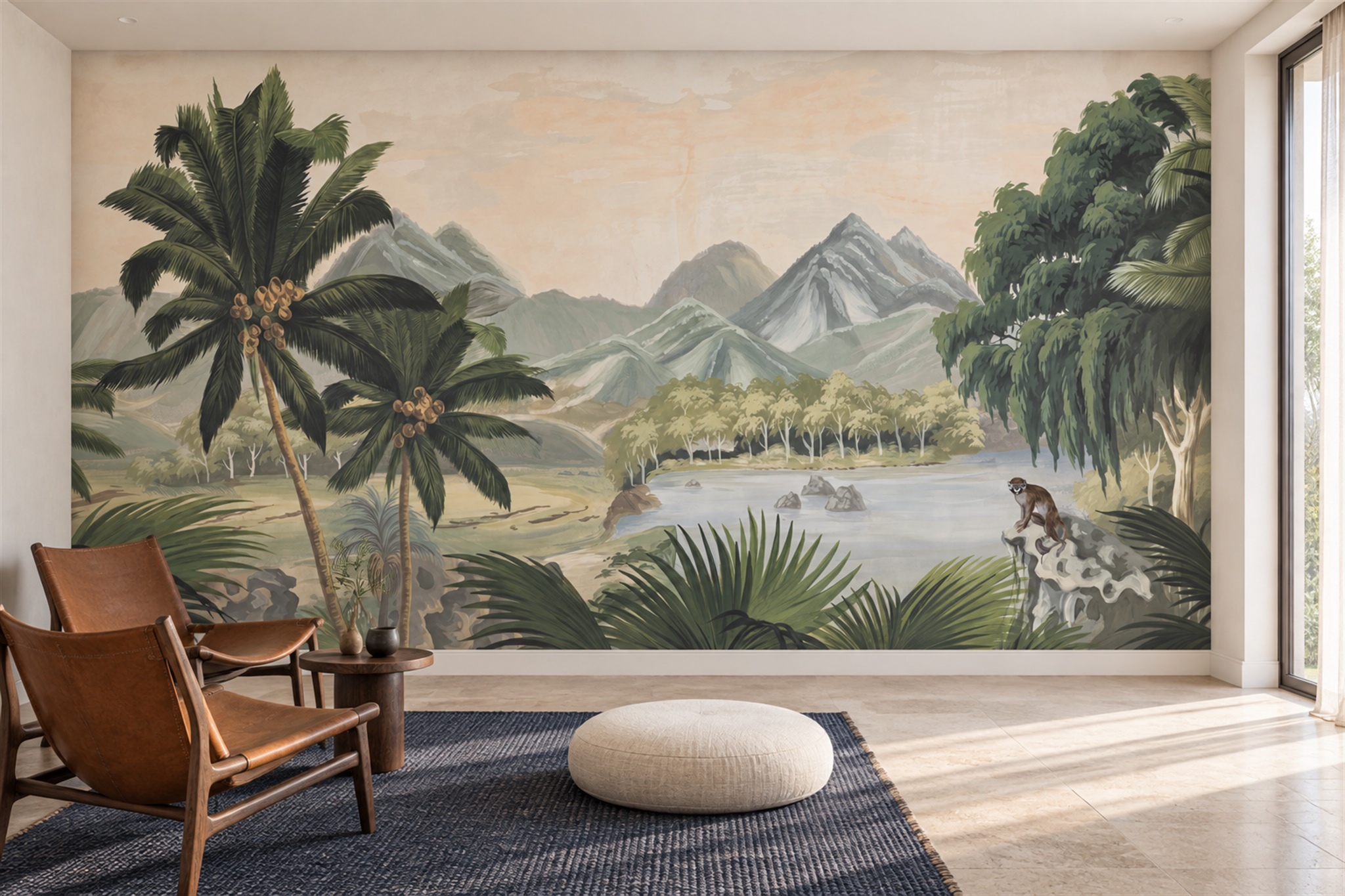 Olive Tropical Mountain Lake Wallpaper Mural — Wallpaper Mural Design, Peel-and-stick Finish
