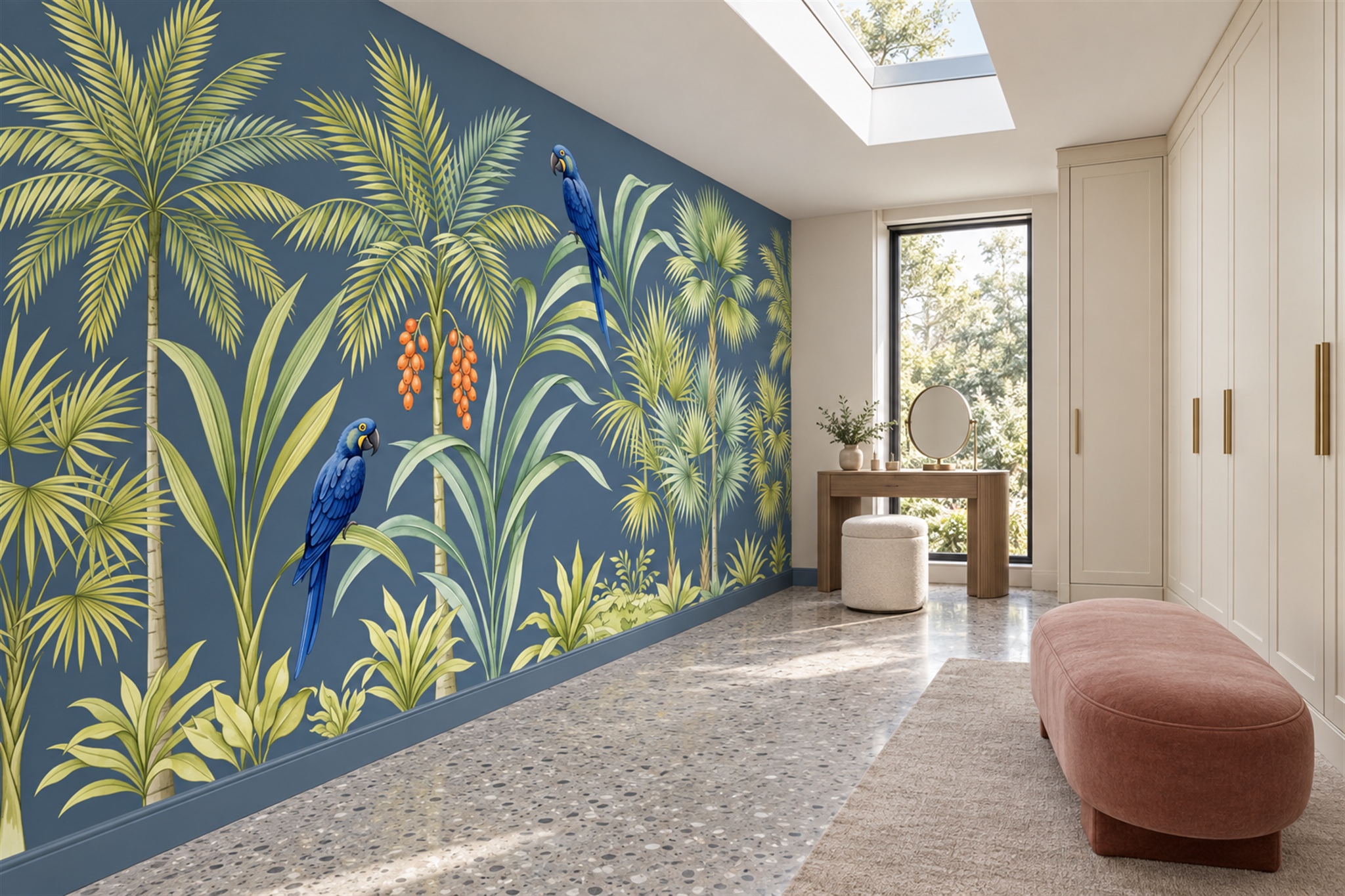 Blue Parrot Illustrated Wallpaper Mural Accent-wall-wallpaper-murals, Peel-and-stick Finish