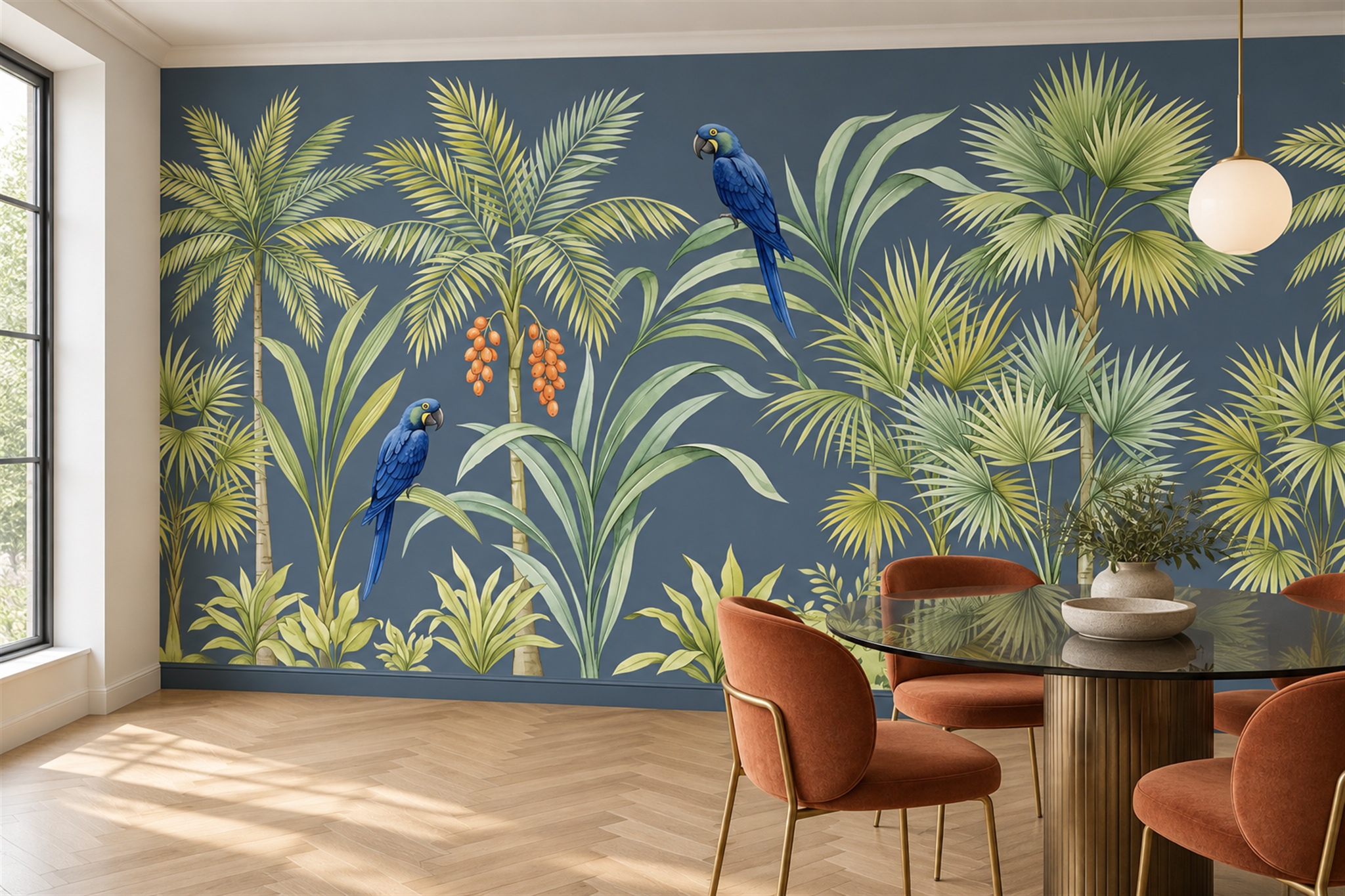 Blue Parrot Illustrated Wallpaper Mural Accent-wall-wallpaper-murals, Peel-and-stick Finish