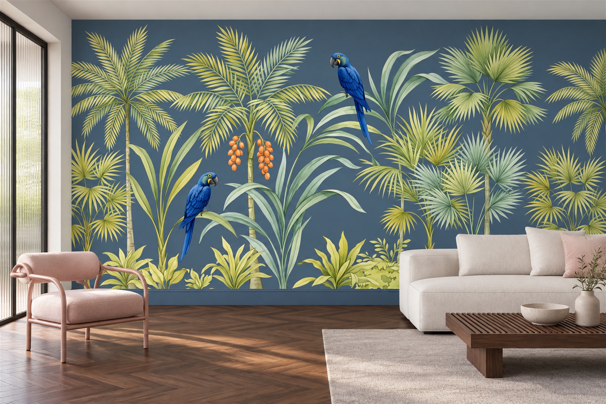 Blue Parrots Among Golden Palm Fronds Wallpaper Mural — Wallpaper Mural Design, Peel-and-stick Finish