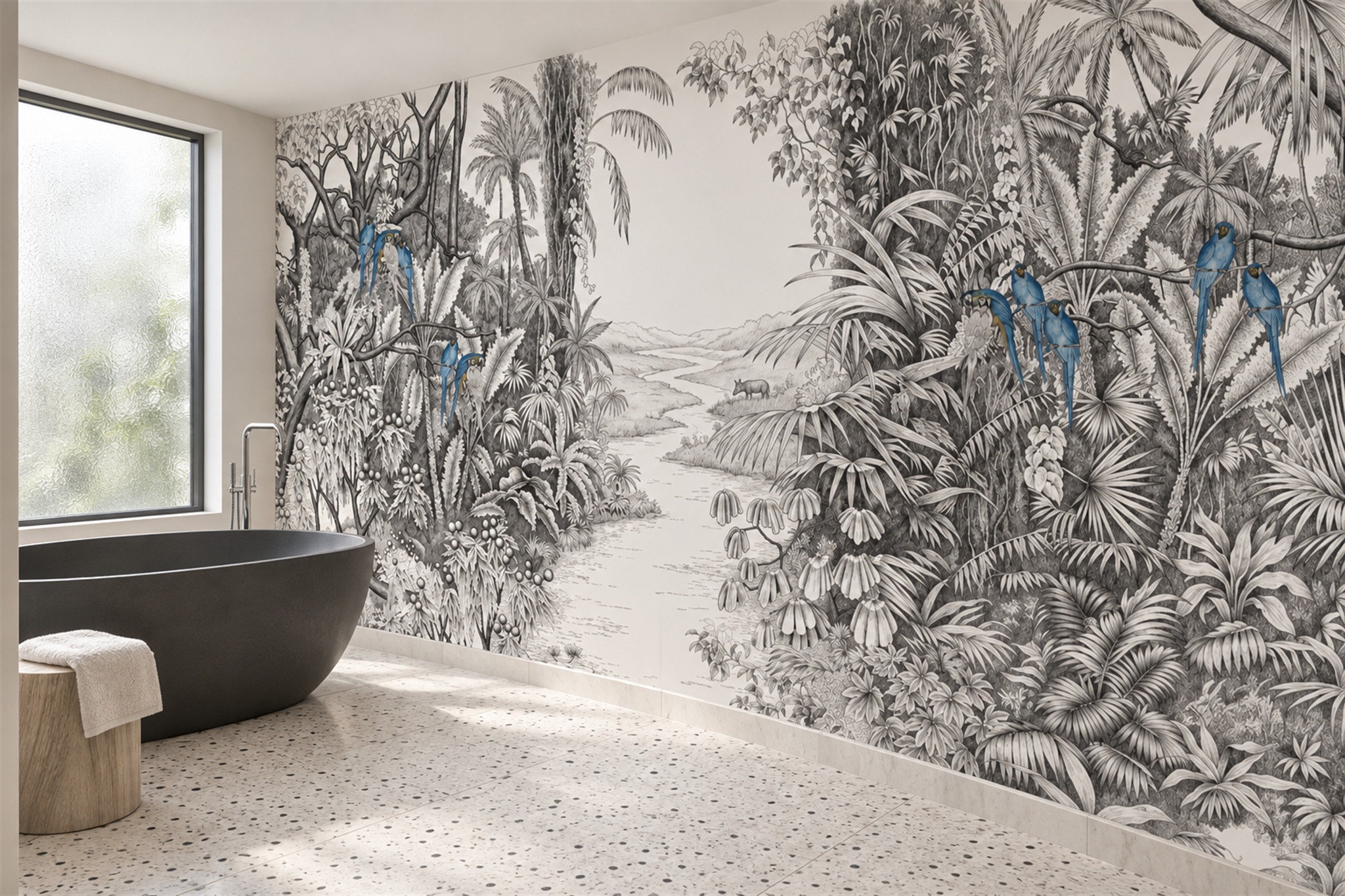 Monochrome Tropical River Birds Wallpaper Mural — Wallpaper Mural Design, Peel-and-stick Finish