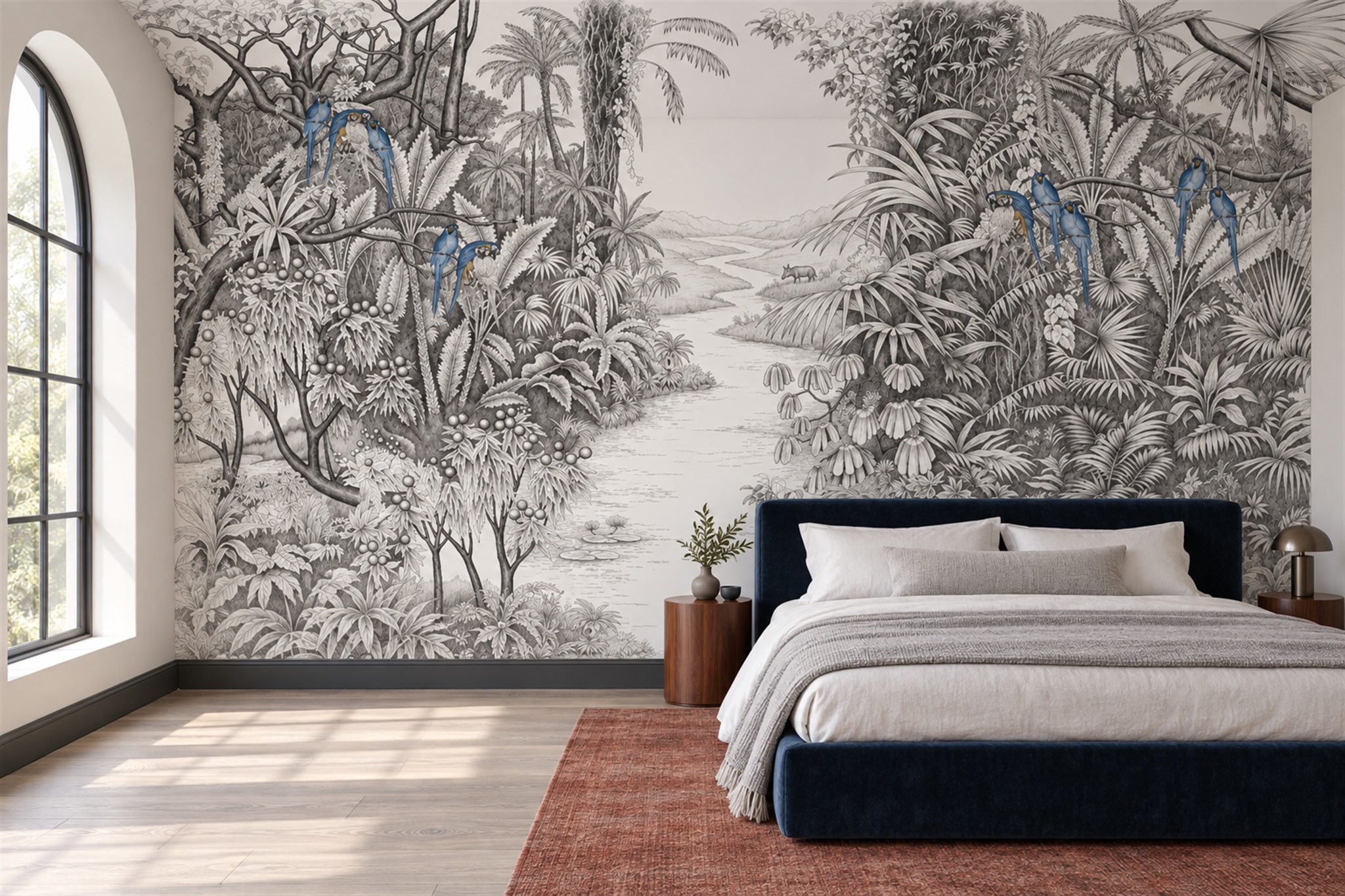 Grey Tropical Artful Jungle Wallpaper Mural Bedroom-wallpaper-murals, Peel-and-stick Finish