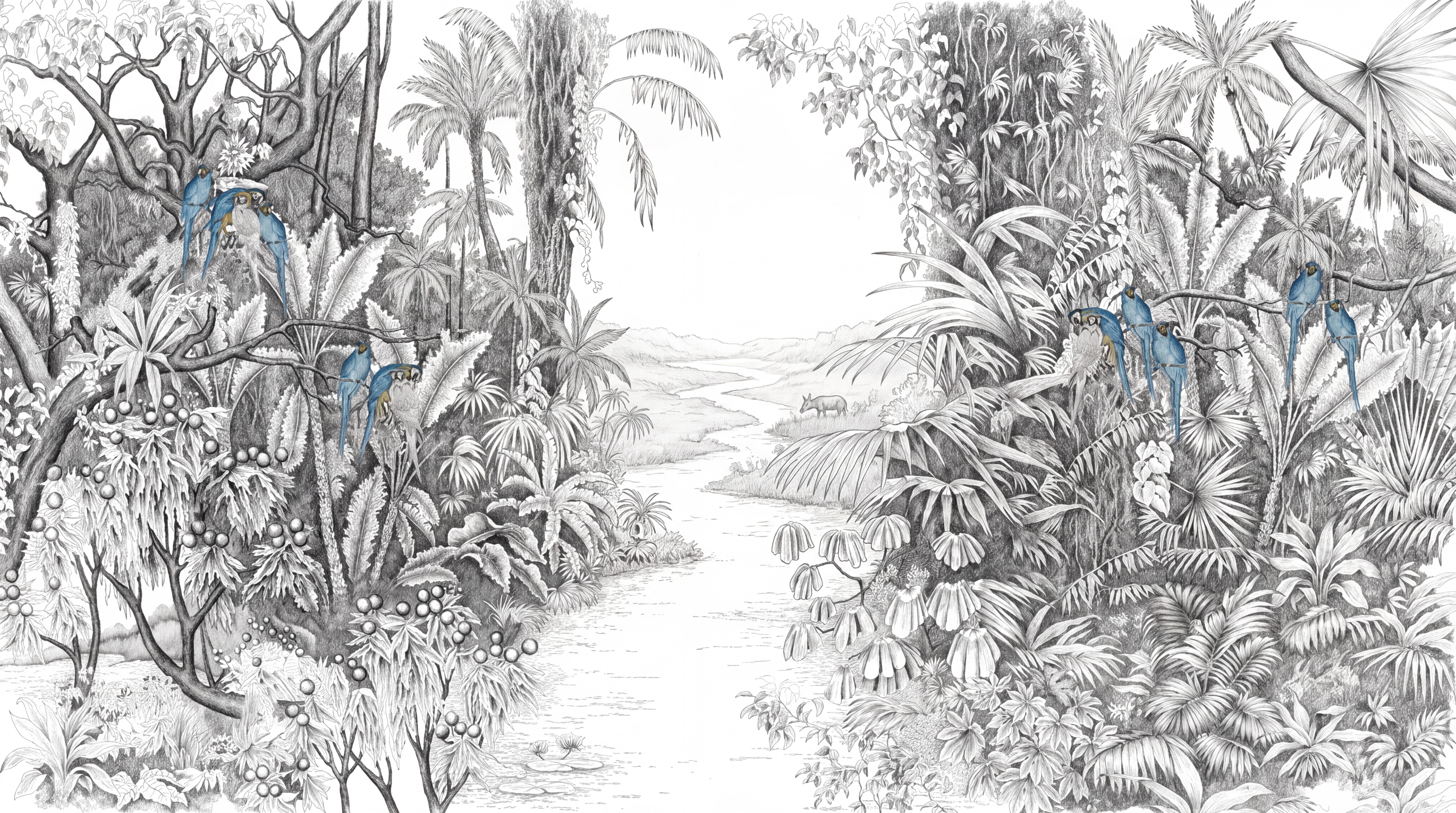 Grey Tropical Artful Jungle Wallpaper Mural, Peel-and-stick Finish