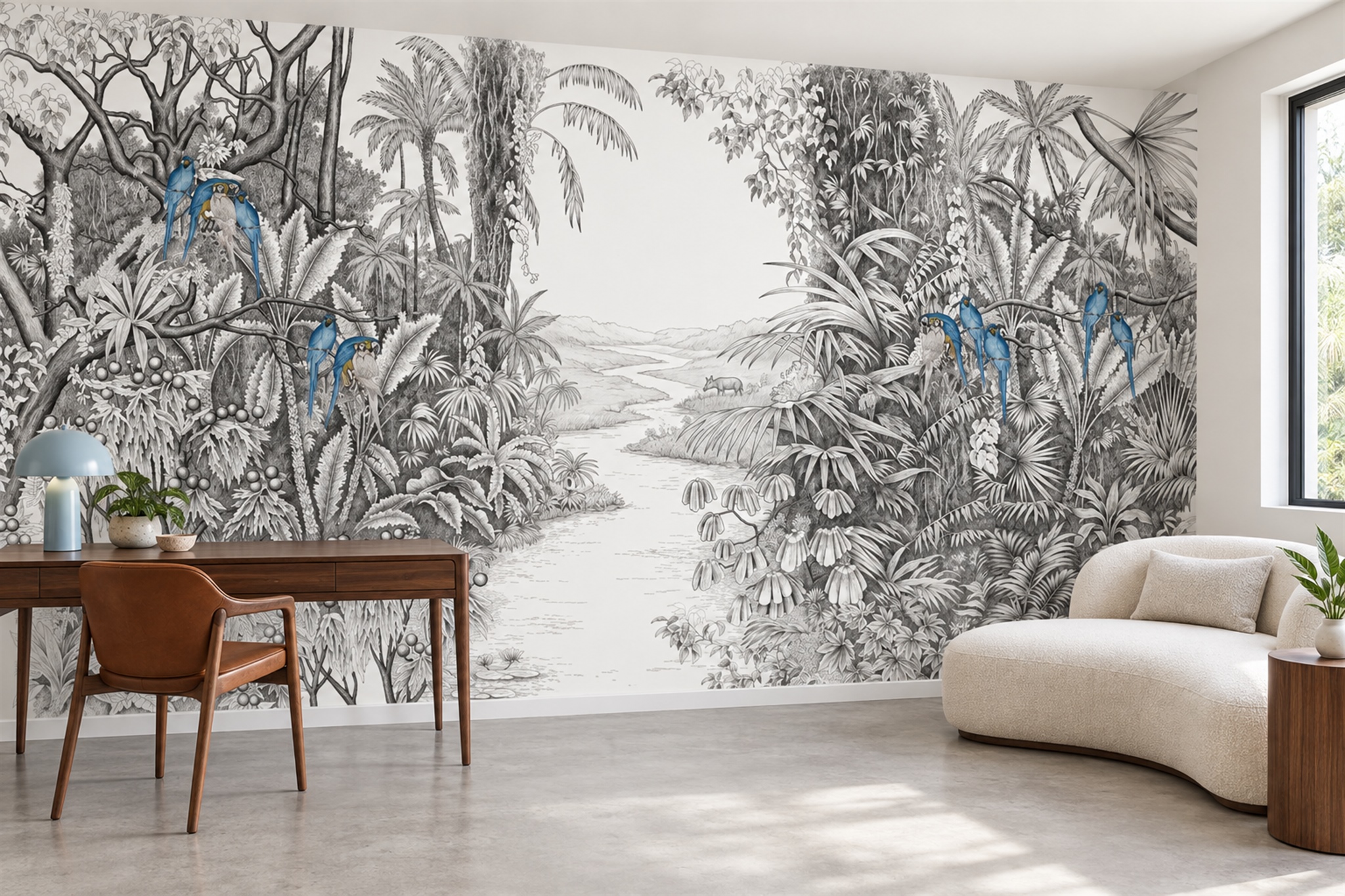 Grey Tropical Artful Jungle Wallpaper Mural Home-office-wallpaper-murals, Shown In A Home Office, Peel-and-stick Finish