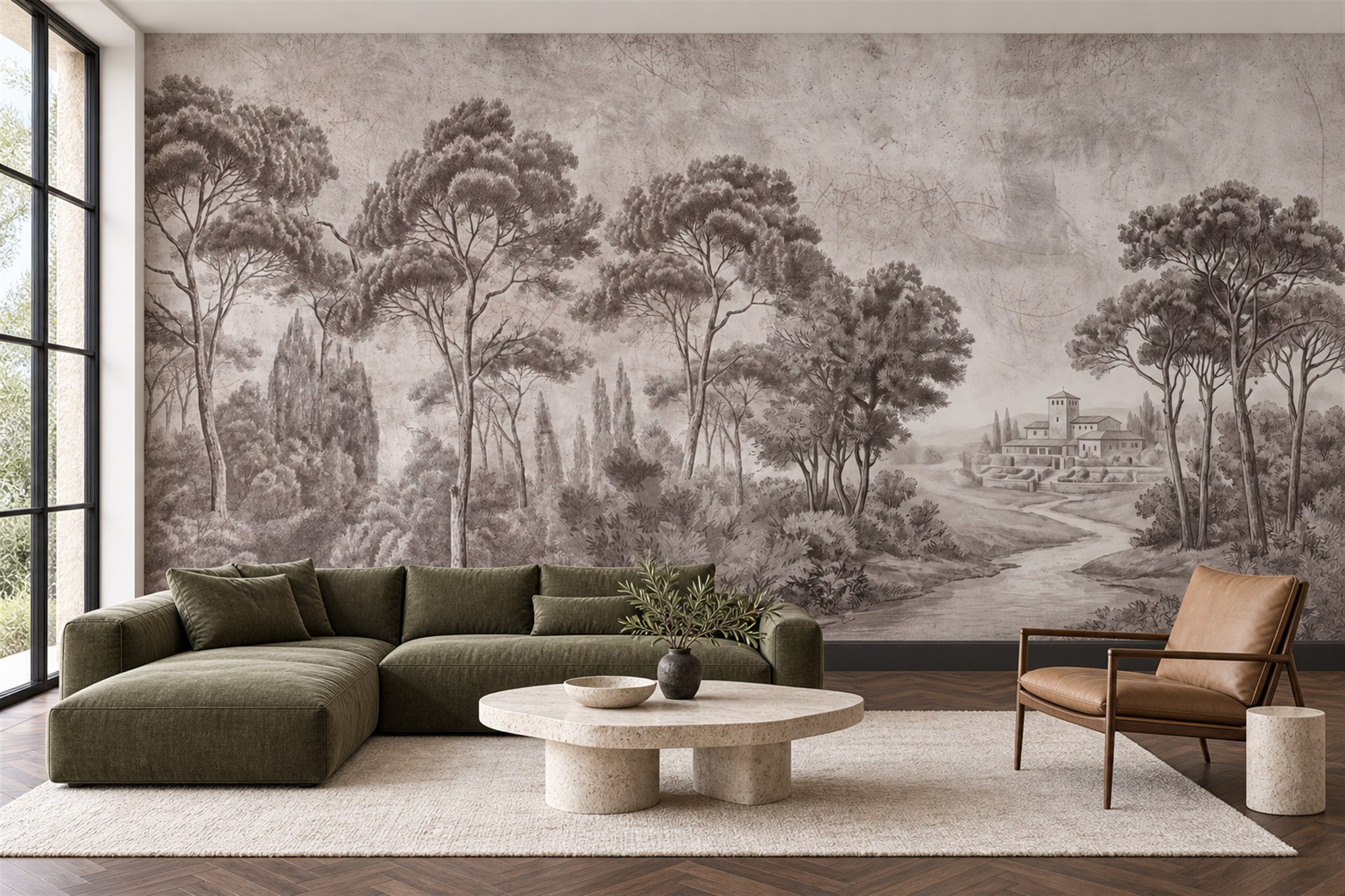 Taupe Villa Garden With Cypress And Umbrella Pines Wallpaper Mural — Wallpaper Mural Design, Peel-and-stick Finish