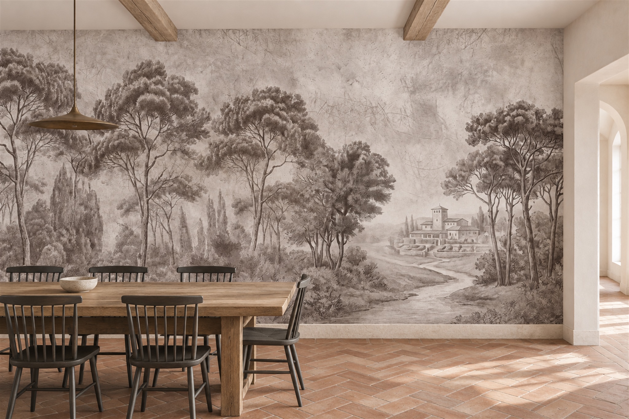 Taupe Pattern Decorative Textured Wallpaper Mural Dining-room-wallpaper-murals, Shown In A Dining Room, Peel-and-stick Finish