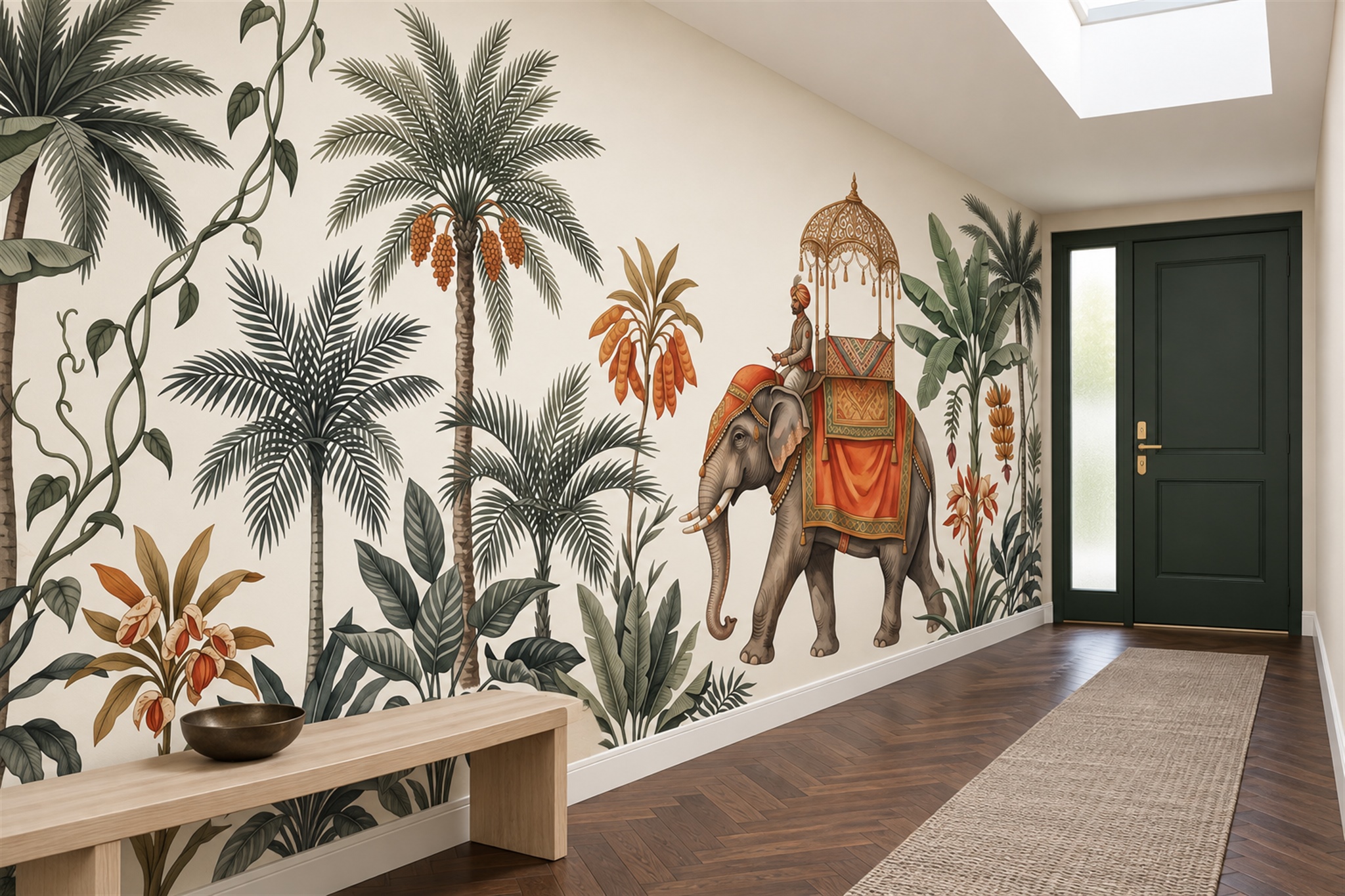 Green Elephant Wallpaper Mural, Shown In A Entryway, Peel-and-stick Finish