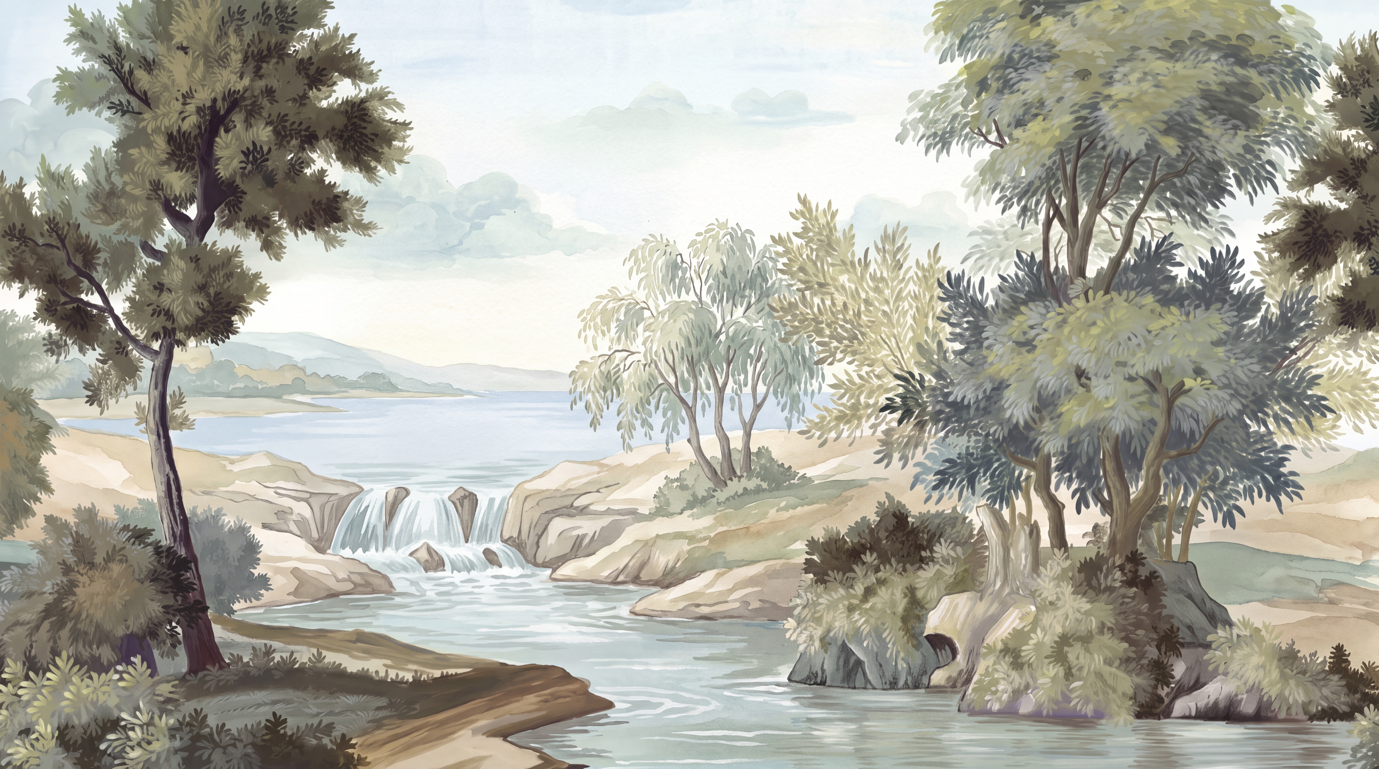 Sage River Scenic Wallpaper Mural, Peel-and-stick Finish