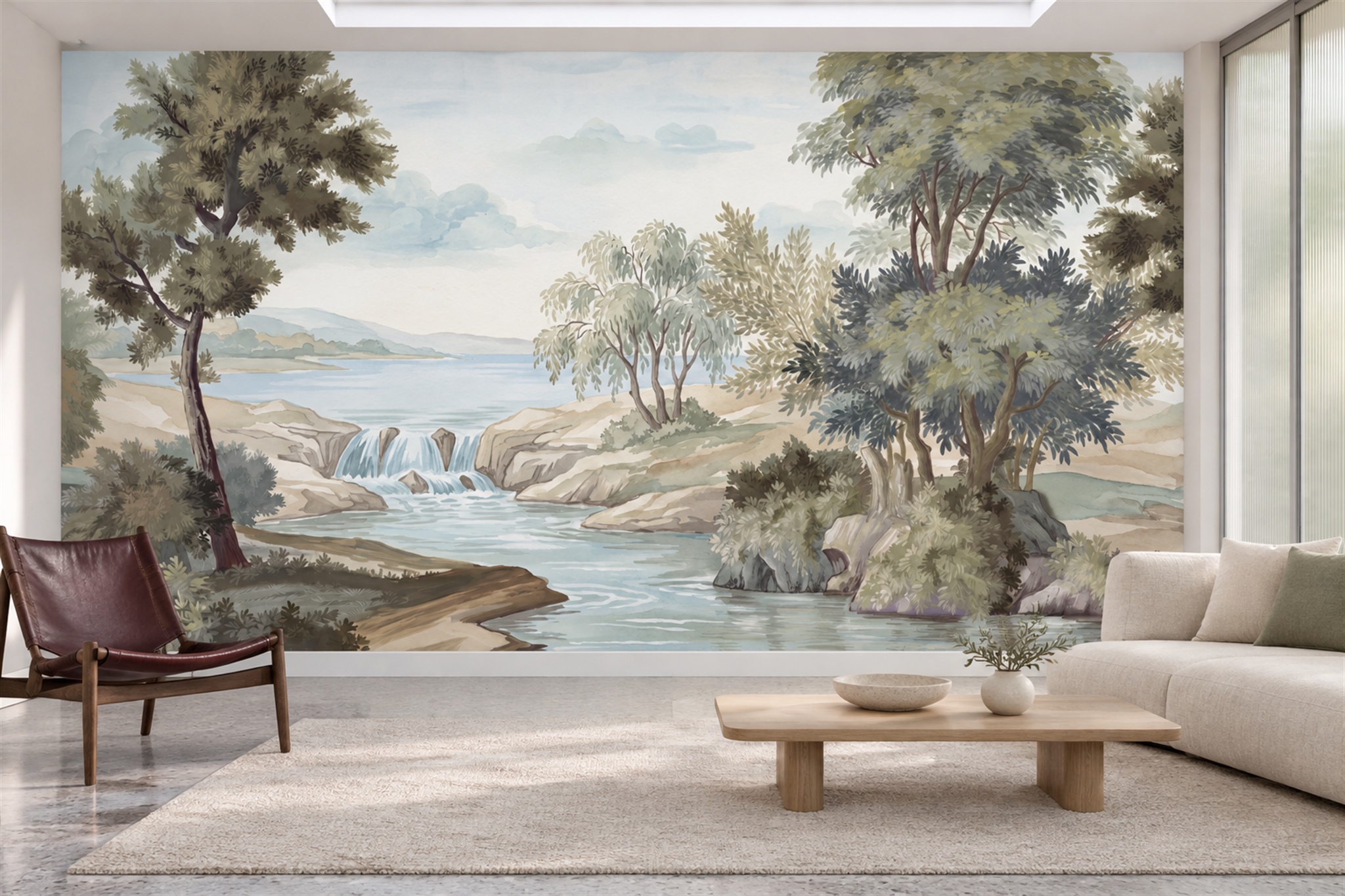 Sage River Scenic Wallpaper Mural Living-room-wallpaper-murals, Peel-and-stick Finish