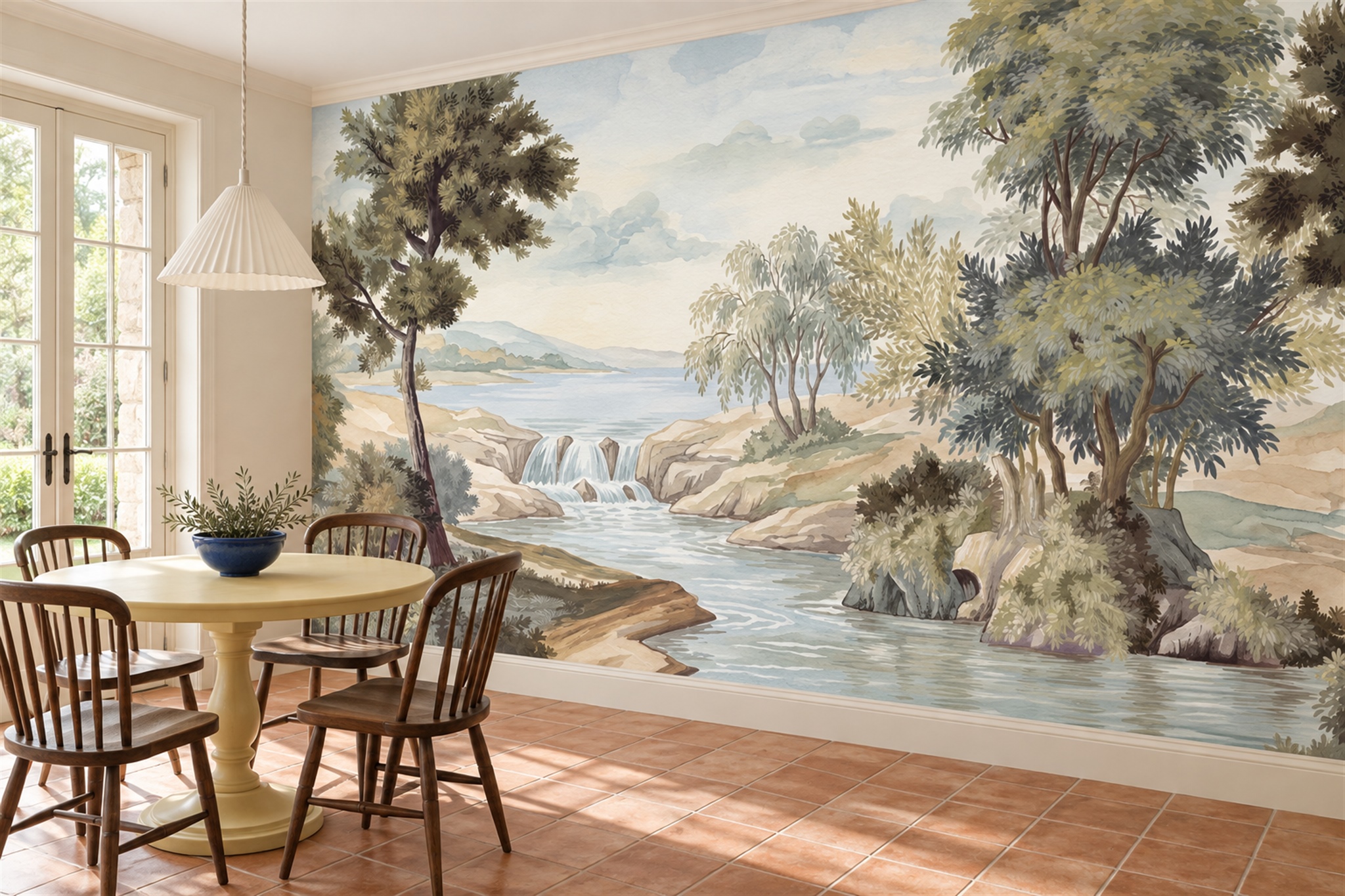 Sage Green River Waterfall With Tree-lined Banks Wallpaper Mural — Wallpaper Mural Design, Peel-and-stick Finish