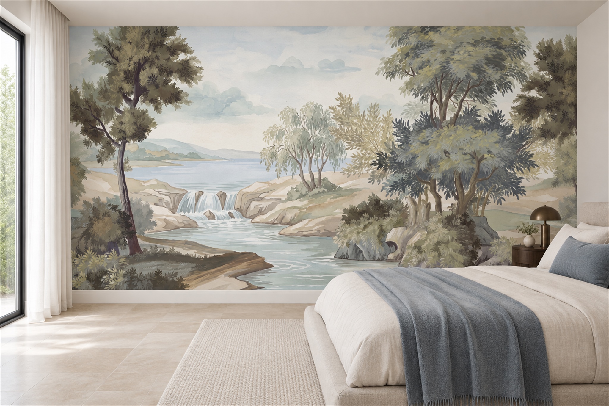 Sage River Scenic Wallpaper Mural Dining-room-wallpaper-murals, Peel-and-stick Finish