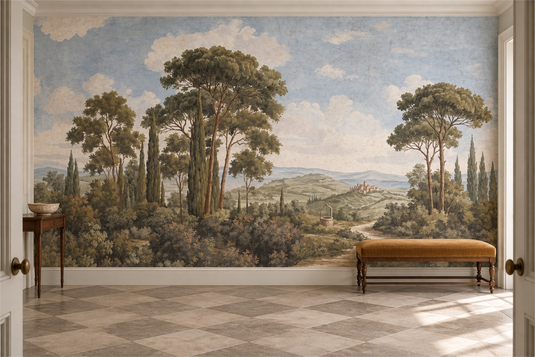 Olive Pine Scenic Wallpaper Mural Entryway-wallpaper-murals, Peel-and-stick Finish