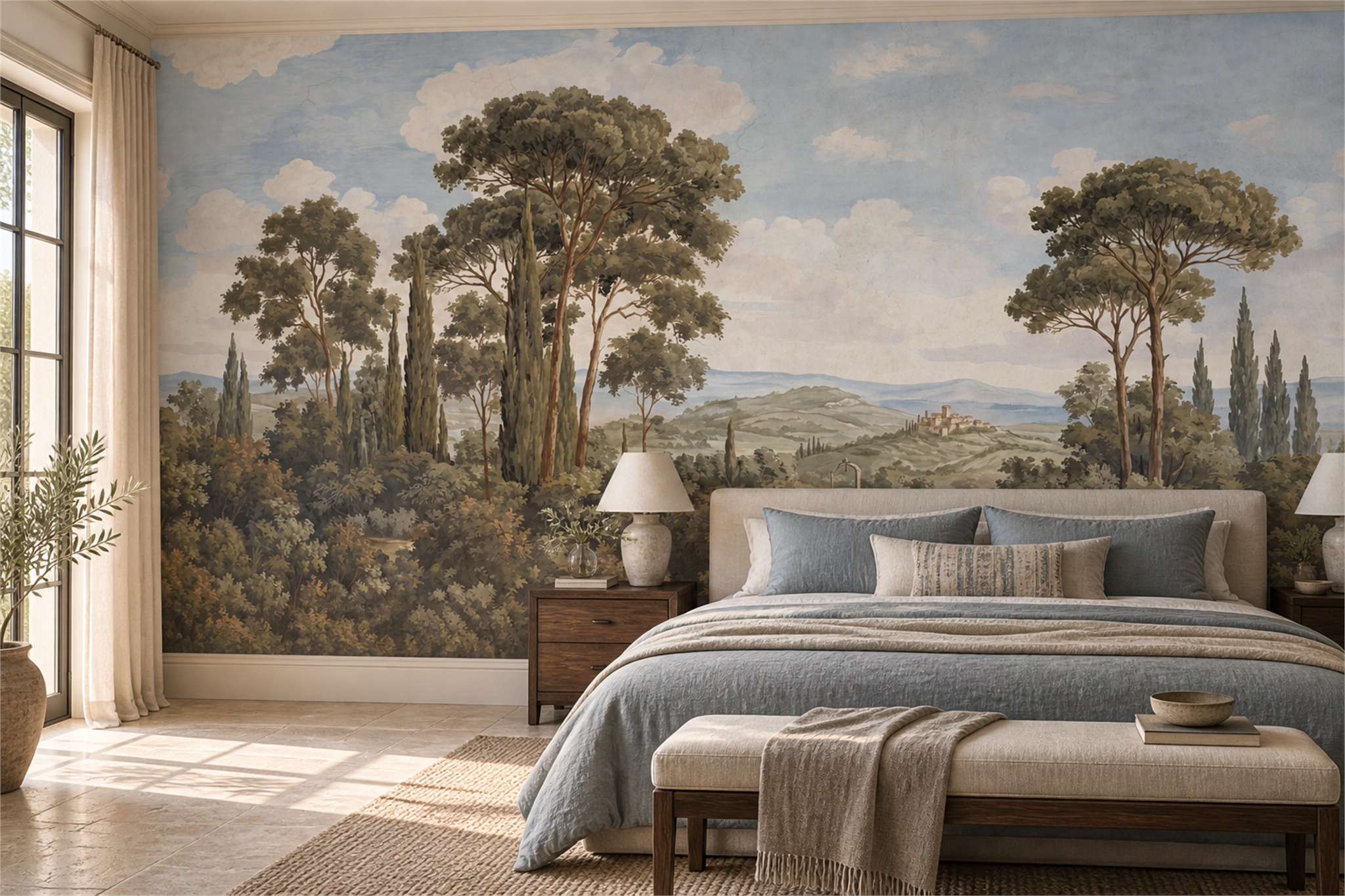Olive Hillside Village With Cypresses And Stone Well Wallpaper Mural — Installed Wallpaper Mural In A Bedroom, Peel-and-stick Finish
