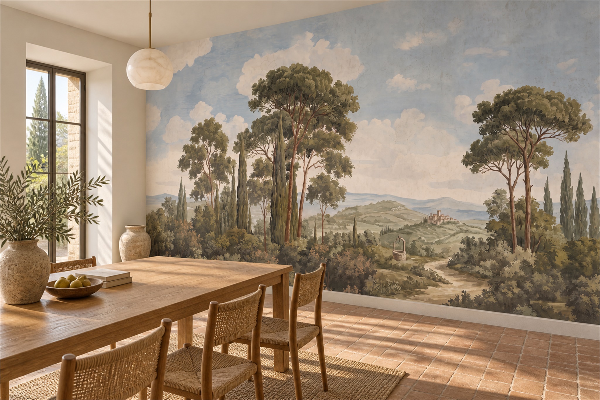 Olive Pine Scenic Wallpaper Mural Dining-room-wallpaper-murals, Shown In A Dining Room, Peel-and-stick Finish