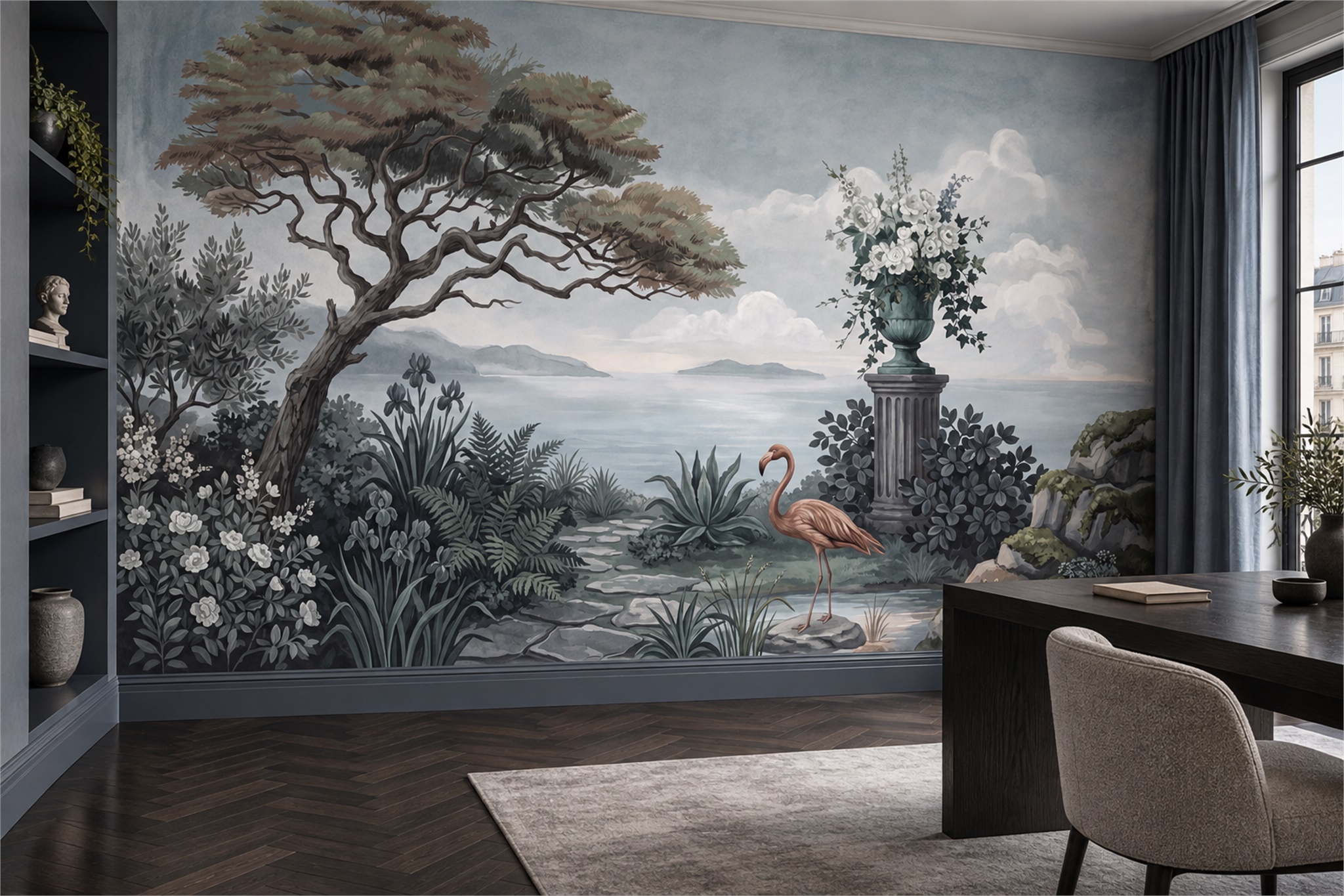 Blue Flamingo Wallpaper Mural, Shown In A Home Office, Peel-and-stick Finish