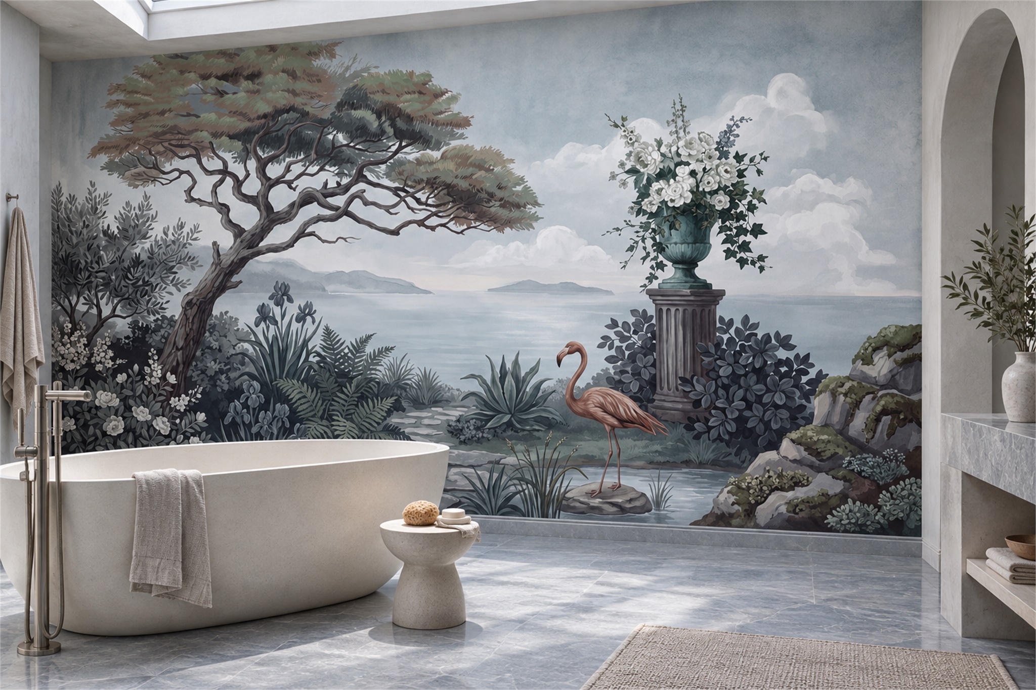 Blue Flamingo Wallpaper Mural, Shown In A Bathroom, Peel-and-stick Finish